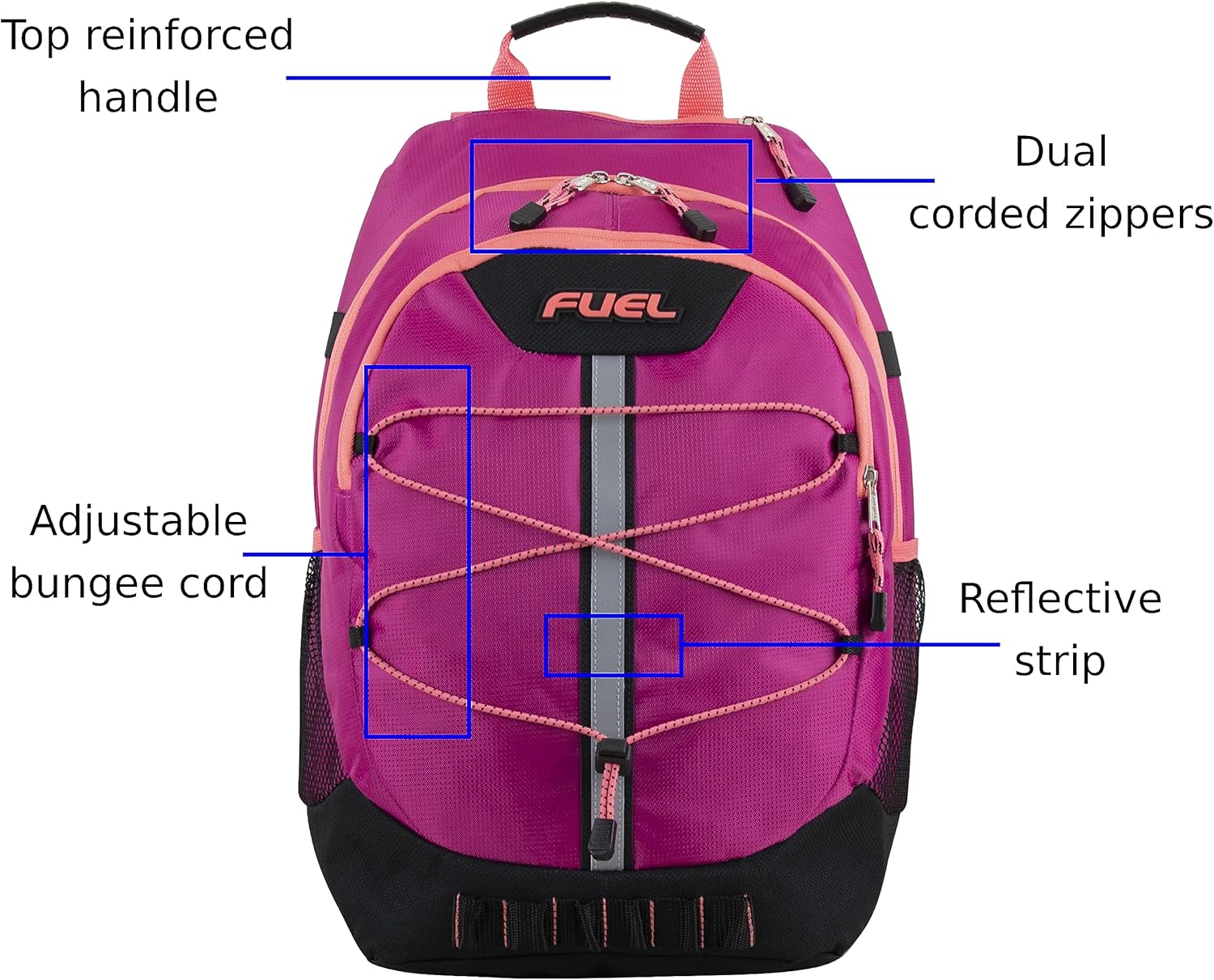 FUEL Hiking Backpack for Women Men Terra Sport, Travel, College, Gym, Work with Laptop Sleeve, Bungee, 18 Inches, Magenta Orchid