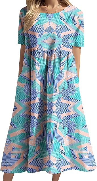 Womens Boho Geometric Graphic Midi Dress Summer Fashion Short Sleeve Crewneck A-Line Dress Loose Flowy Casual