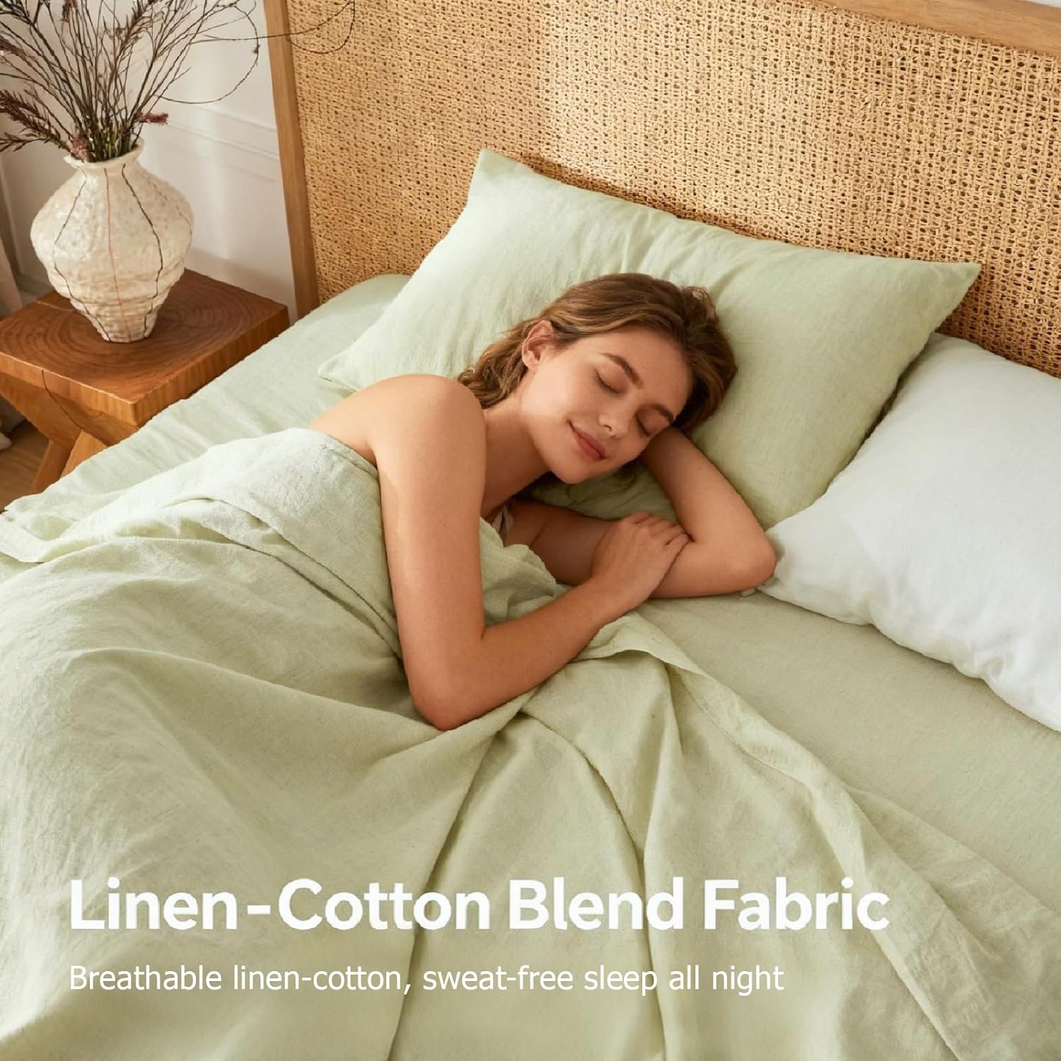 Linen Sheets Queen Size, Cotton Linen Bed Sheets, Breathable, Durable Bed Sets 18" Deep Pocket(Natural Green)