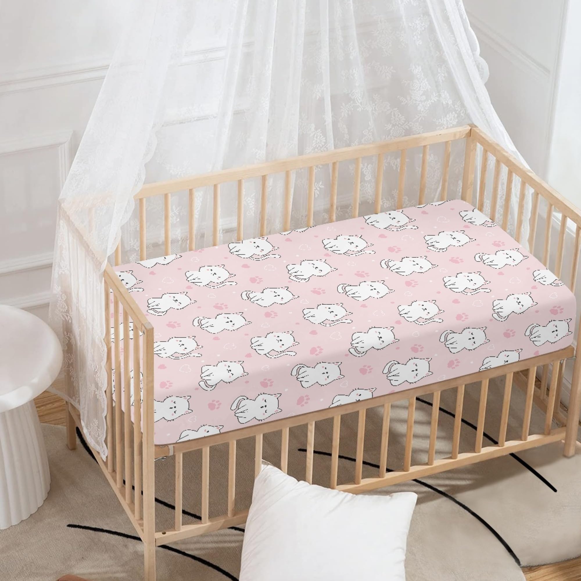 Streeyiu Cats Baby Crib Sheets for Boys Girls Pink Fitted Crib Sheet for Standard Crib and Toddler Mattress Cute Animal Baby Mattress Sheets Toddler Bed Sheet 52x28x8 in