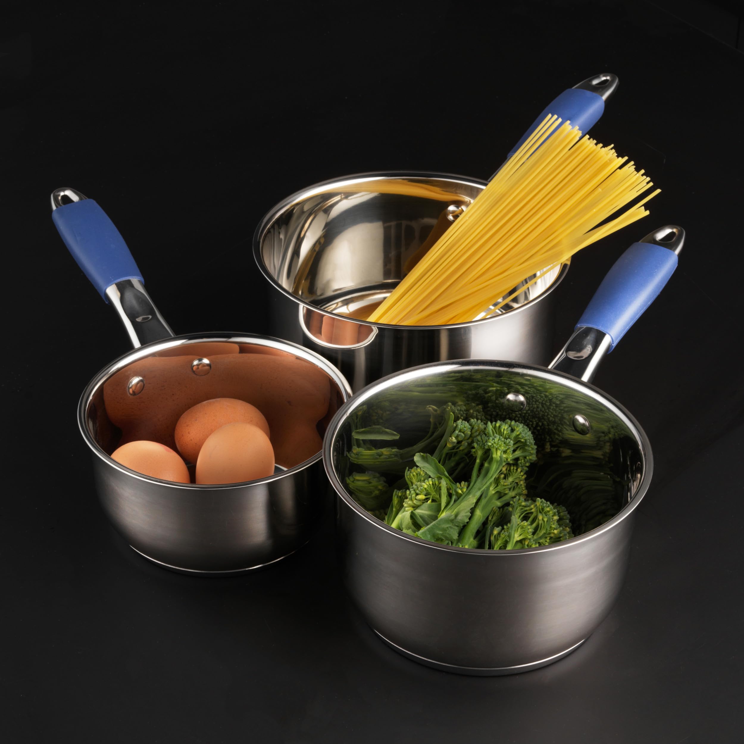 Russell Hobbs® RH01178EU - Batteria di casseruole in acciaio inossidabile da 3 pezzi | 16/18/20 cm | Con coperchi in vetro temperato