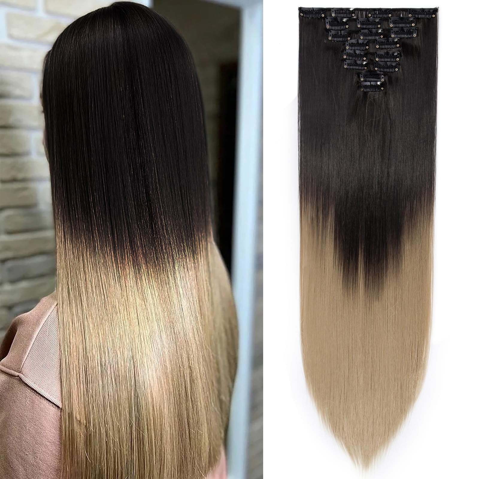 SEGOHAIR Hair Extensions Clip in 8Pcs 18 Clips Synthetic Fiber Seamless 26" Long Straight Full Head -Dark Brown to Ash Blond