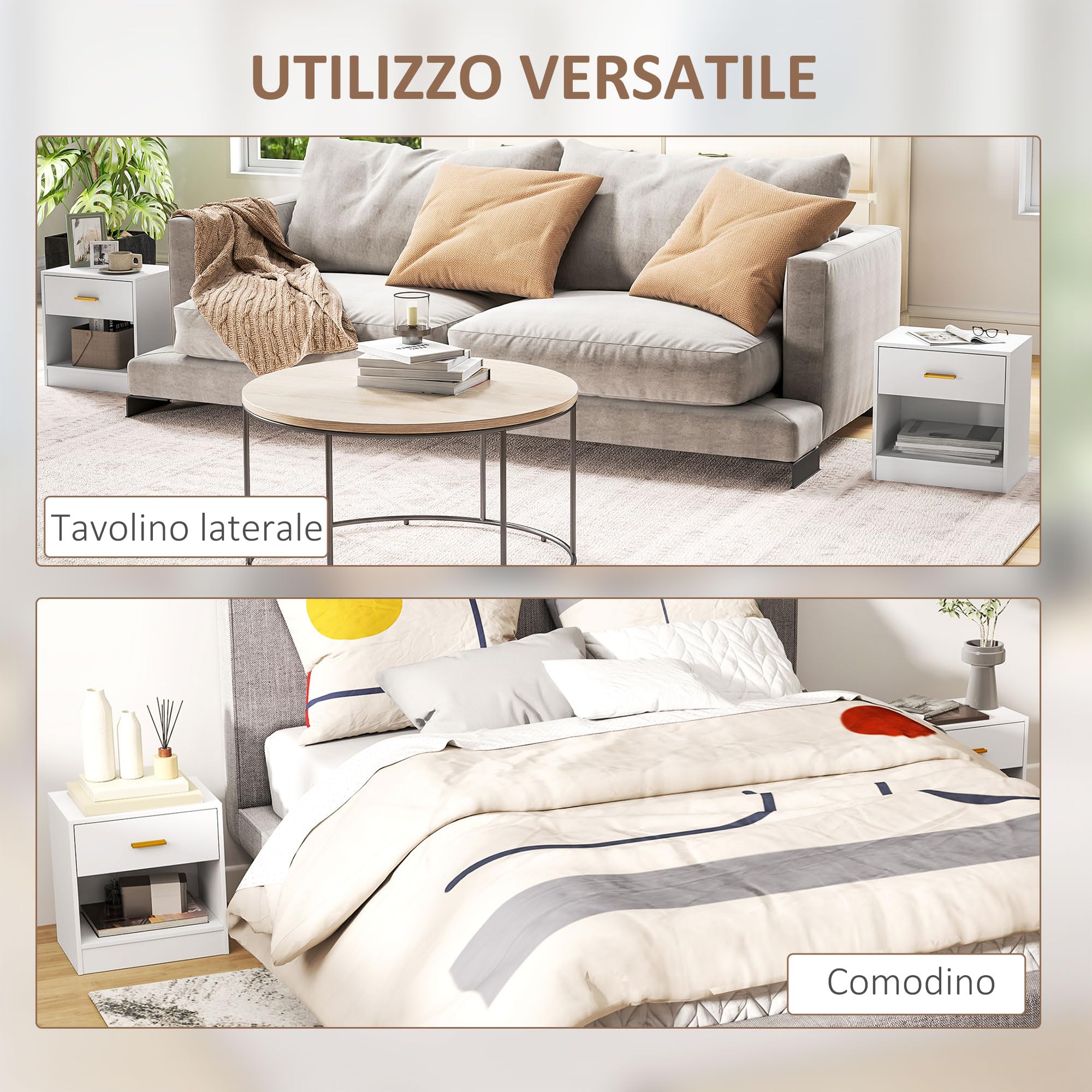 HOMCOM Set 2 Comodini Moderni con Cassetto Truciolato 39x28x41 cm Bianco | Ripiano Aperto, Comodini per Camera da Letto