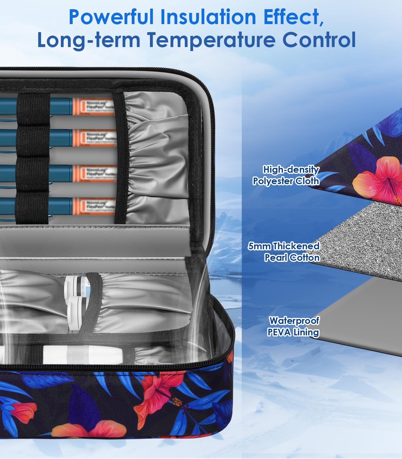 Glucoracy Estuche de viaje enfriador de insulina, bolsa grande de refrigeración de medicamentos con 4 paquetes de hielo reutilizables para bolígrafos de insulina y suministros para diabéticos,