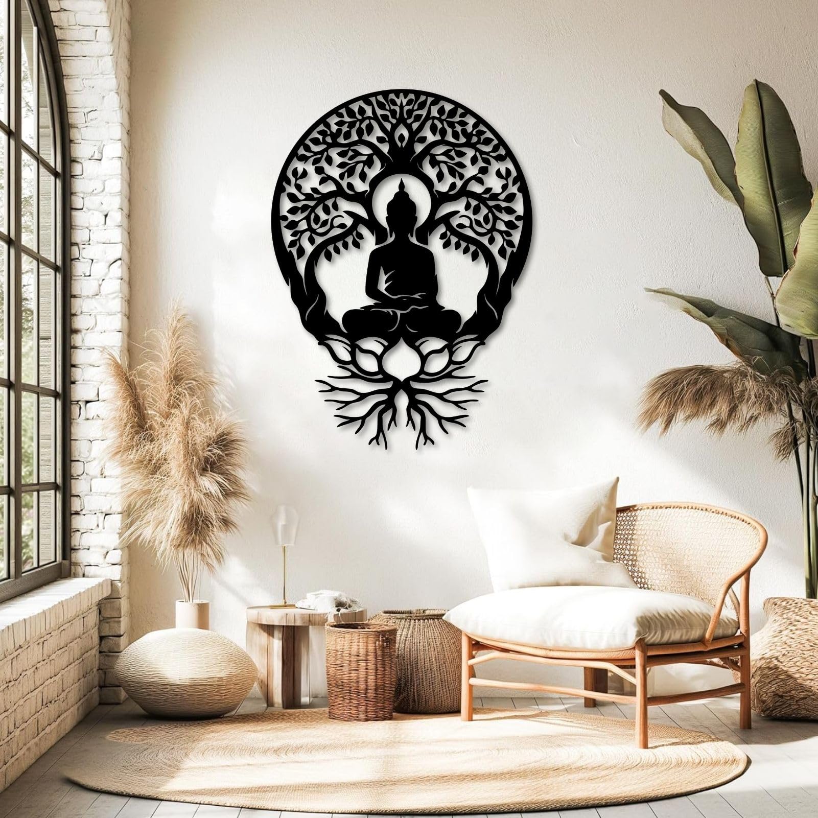 Árbol de la Vida, Arte de Metal 3D, decoración de Pared Grande con Buda, Arte de Buda, meditación para Sala de Estar, Dormitorio, Yoga, meditación al Aire Libre (Negro, 60 x 43 cm)