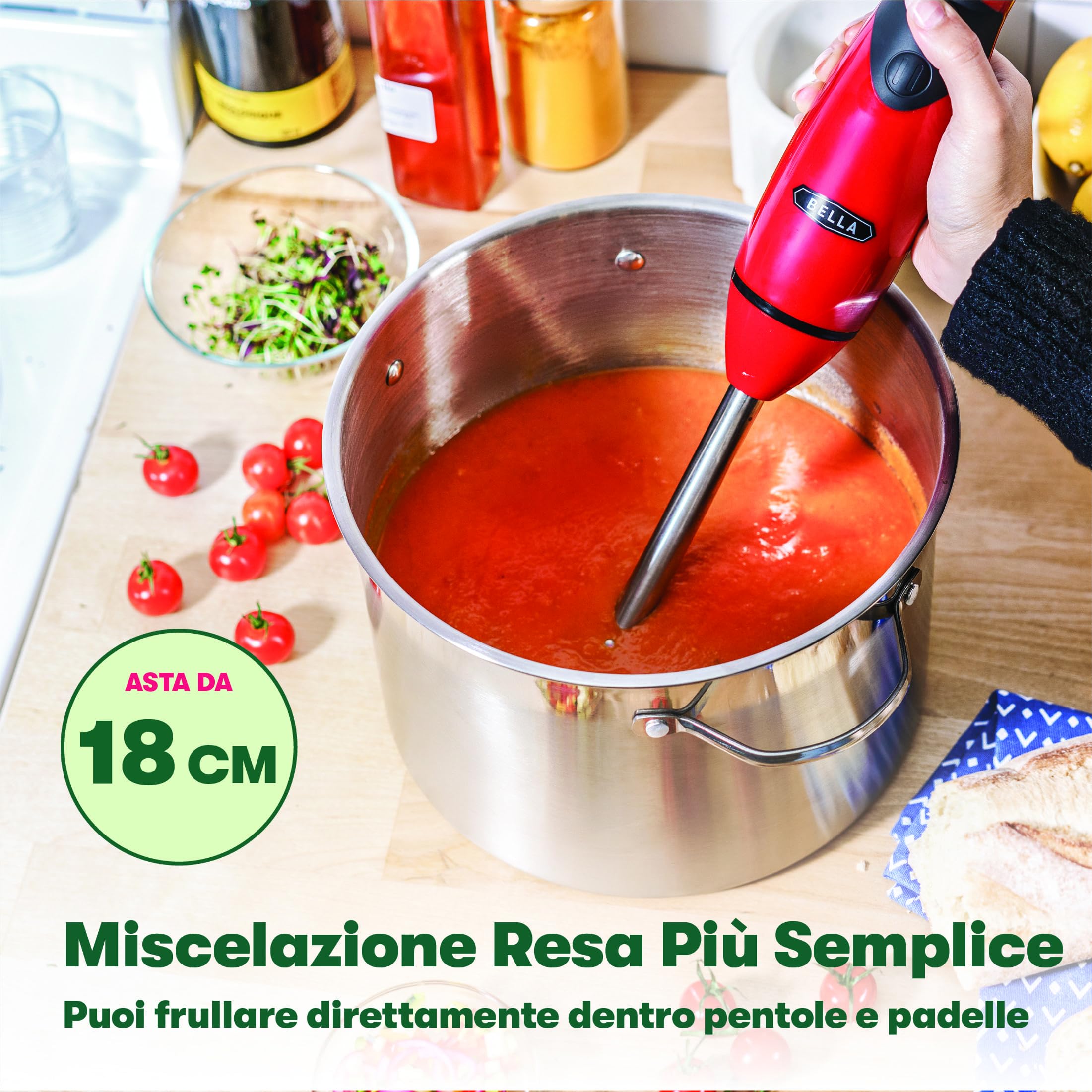 bella Frullatore a Immersione, Mixer Portatile Compatto con Accessorio Frusta per Succhi, Frullati, Cibo per Bambini e Smoothie, Senza BPA, Acciaio Inossidabile, Rosso