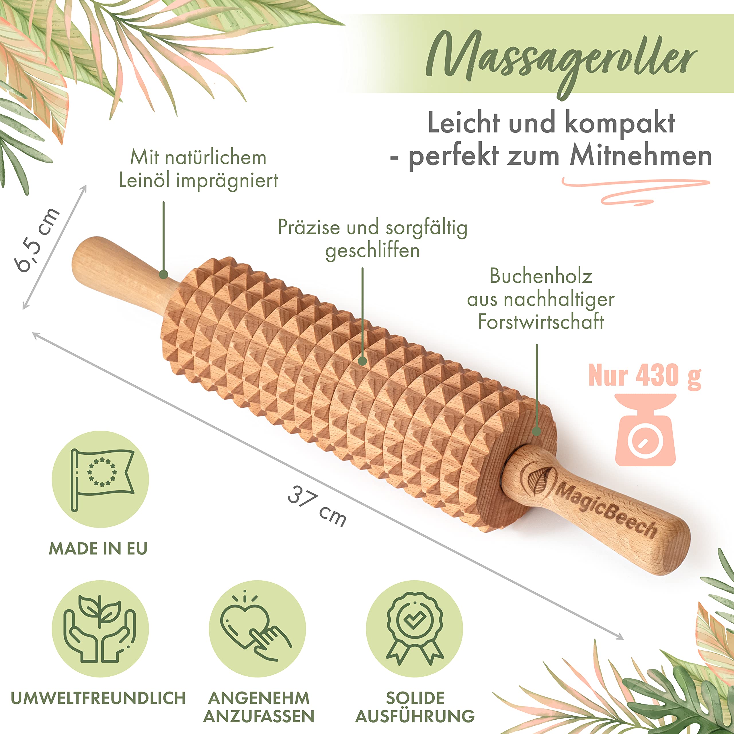 Massageroller aus 100% Buchenholz – Holz Massage-Rolle mit Griff Massagegerät gegen Cellulite zur Maderotherapie Lymphdrainage Körpermassage