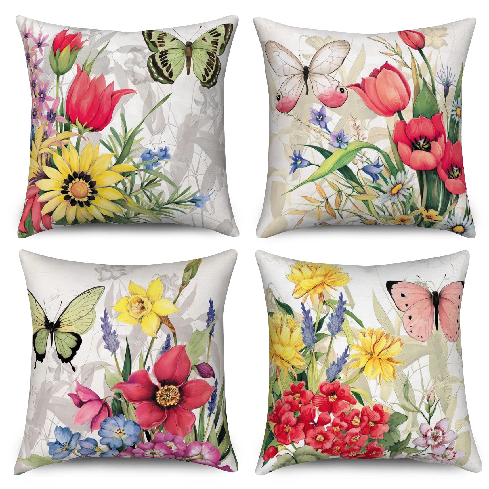 Housse de Coussin Fleurs 45x45 Set de 4, Ferme Jardin Terrasse Fleurs colorées Papillon Décoratif Taie d'oreiller Esthétique Lin Housse de Coussin pour Canapé Lit Jardin Extérieur Home Decor