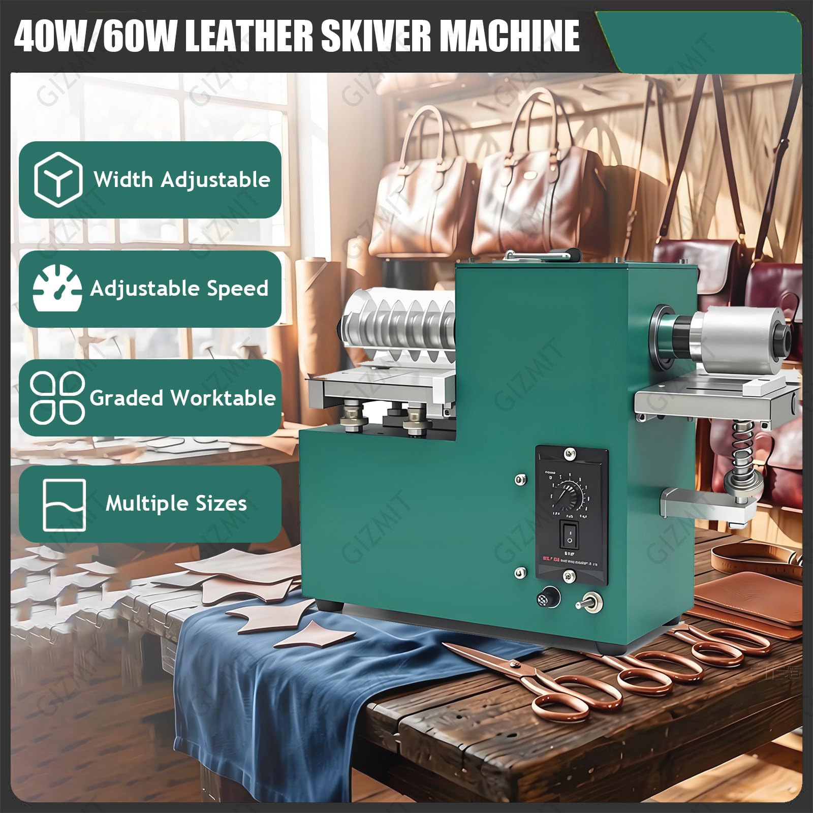 Maszyna do cięcia skóry, 40 W/60 W Skiver do wyrobu skórzanego, rozgałęźników pasków, do cięcia wzdłużnego, narzędzia do skór, butów, toreb, papieru - konstrukcja z podwójną głowicą
