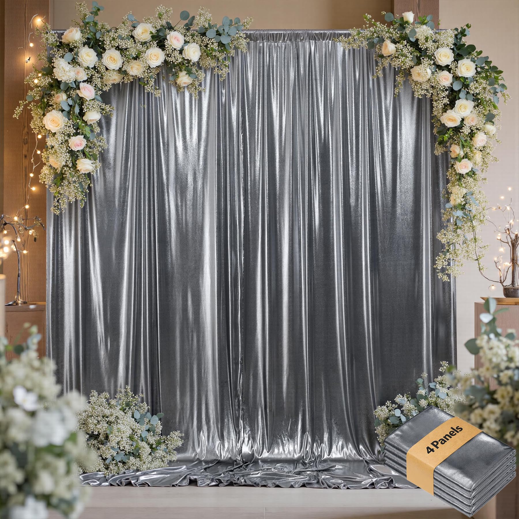20ftx10ft Black Silver Glitter Sequin Backdrop Curtain for Parties, Wrinkle Free Sparking Backdrop Drapes, 4 Panels 5x10ft Shimmer Photo Back Drop