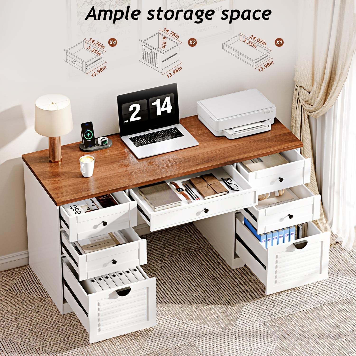 Ieejdn 59-inch Home Office Desk with drawers open showing storage