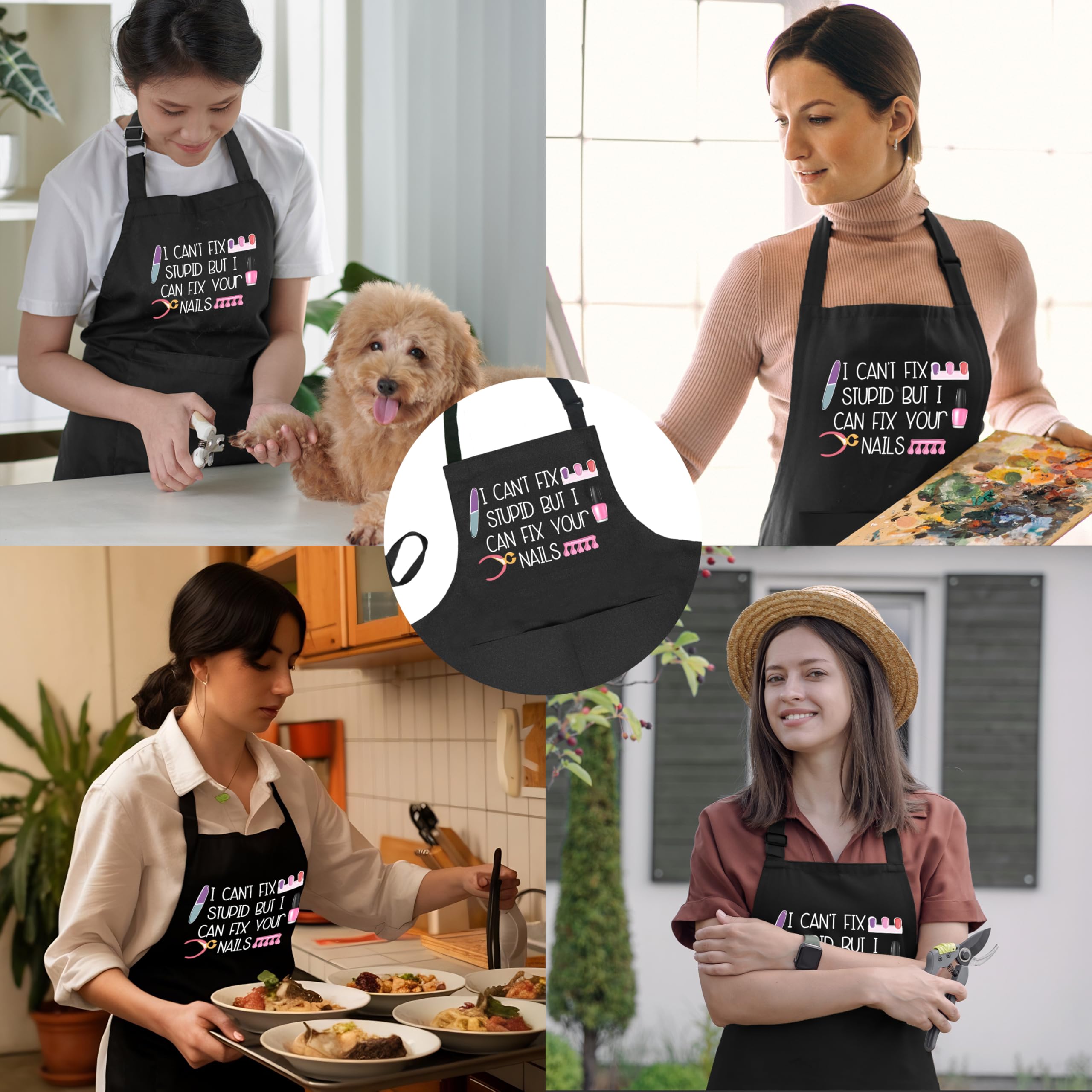 Divertidos delantales de tecnología de uñas para mujer con bolsillos, regalos para técnicos de uñas, artistas, manicuristas, delantal ajustable impermeable para cosmetología, salón de cocina