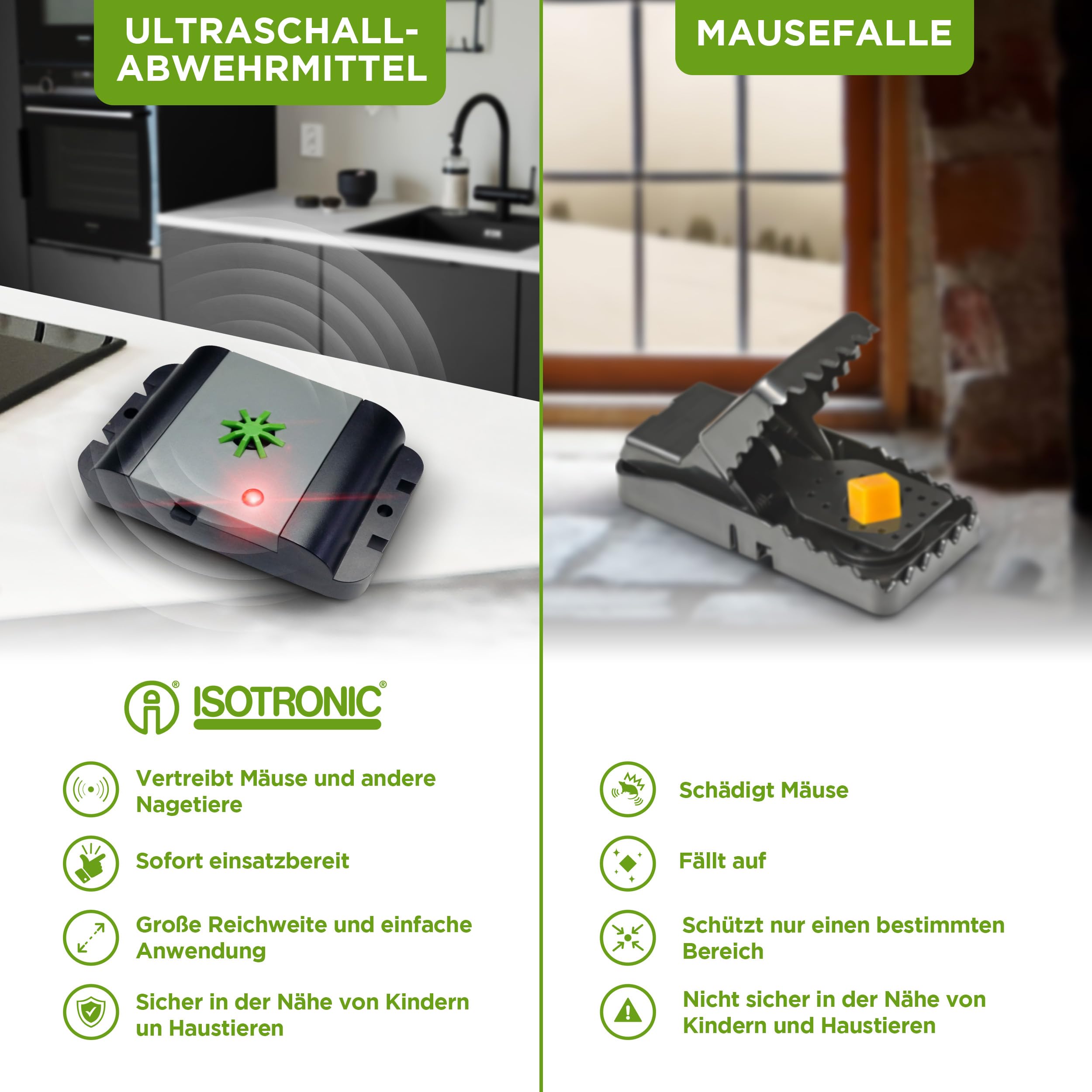 ISOTRONIC Ultraschall Mäuseabwehr 40m² Wirkungsbereich 2 Stück