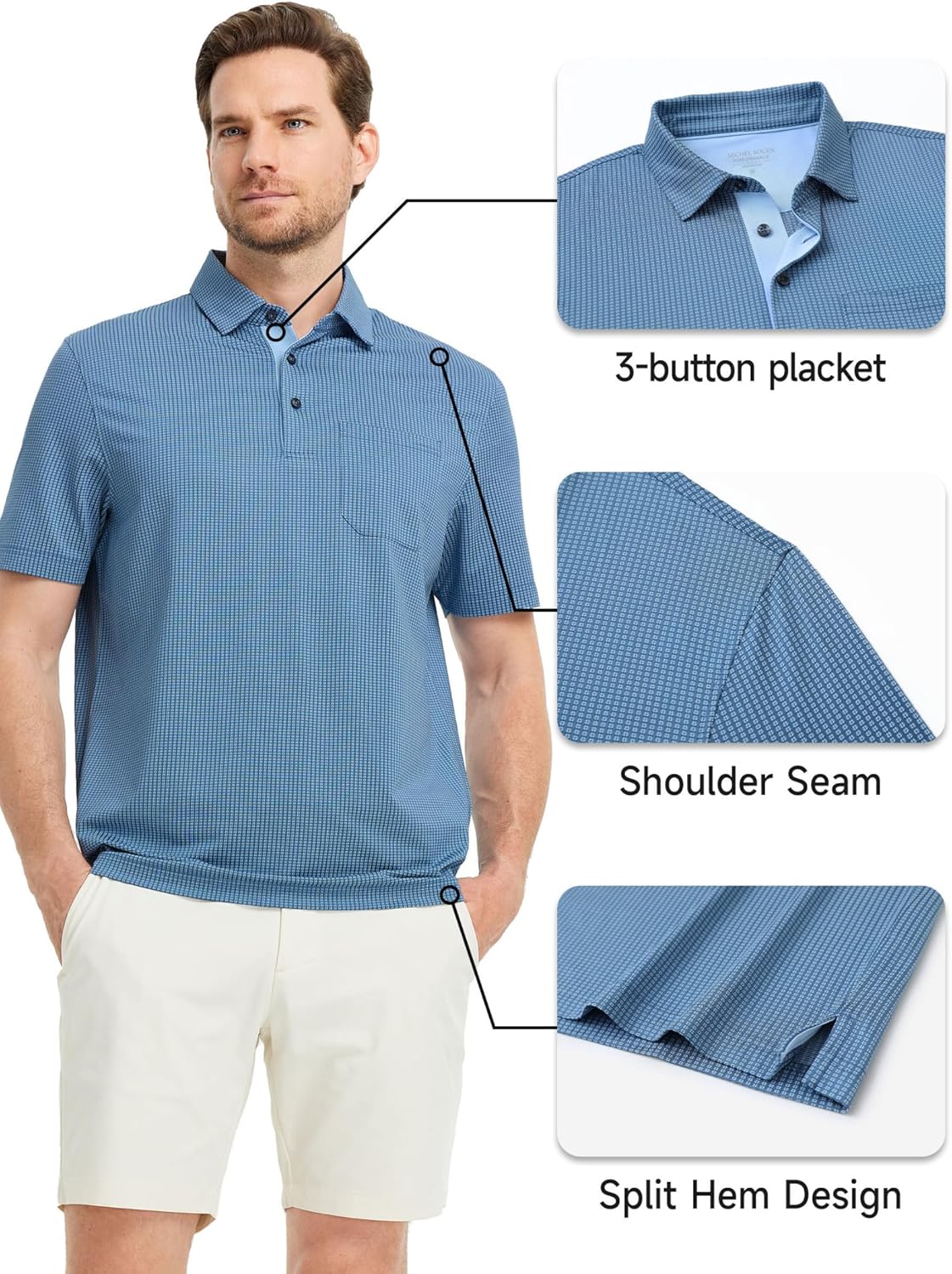 Rouen Mens Golf Shirts Short Sleeve Dry Fit Jacquard Performance Moisture Wicking Casual Pocket Collared Polo Shirts for Men - Image 2