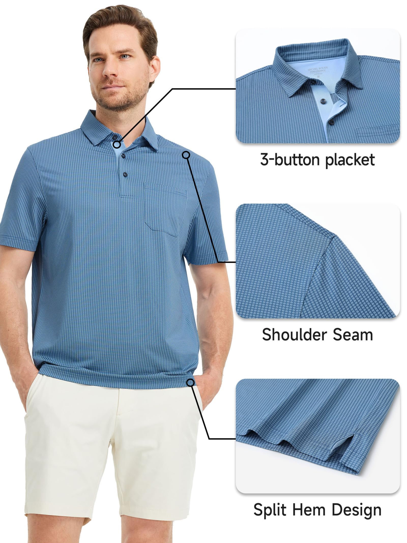 Rouen Herren-Golf-Shirt, kurzärmelig, trockene Passform, Jacquard-Performance, Feuchtigkeitstransport, lässig, mit Taschenkragen, Poloshirts für Herren