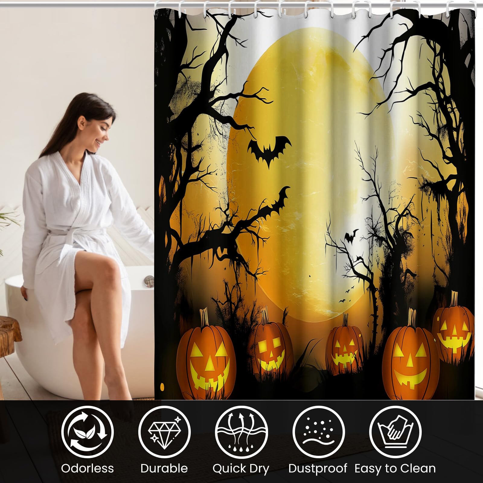 Duschvorhang Kürbis Beim Vollmond H240Xb200Cm | Waldlandschaft Halloween Wasserdichter Stoff Maschinenwaschbarer Badezimmervorhang Mit Haken