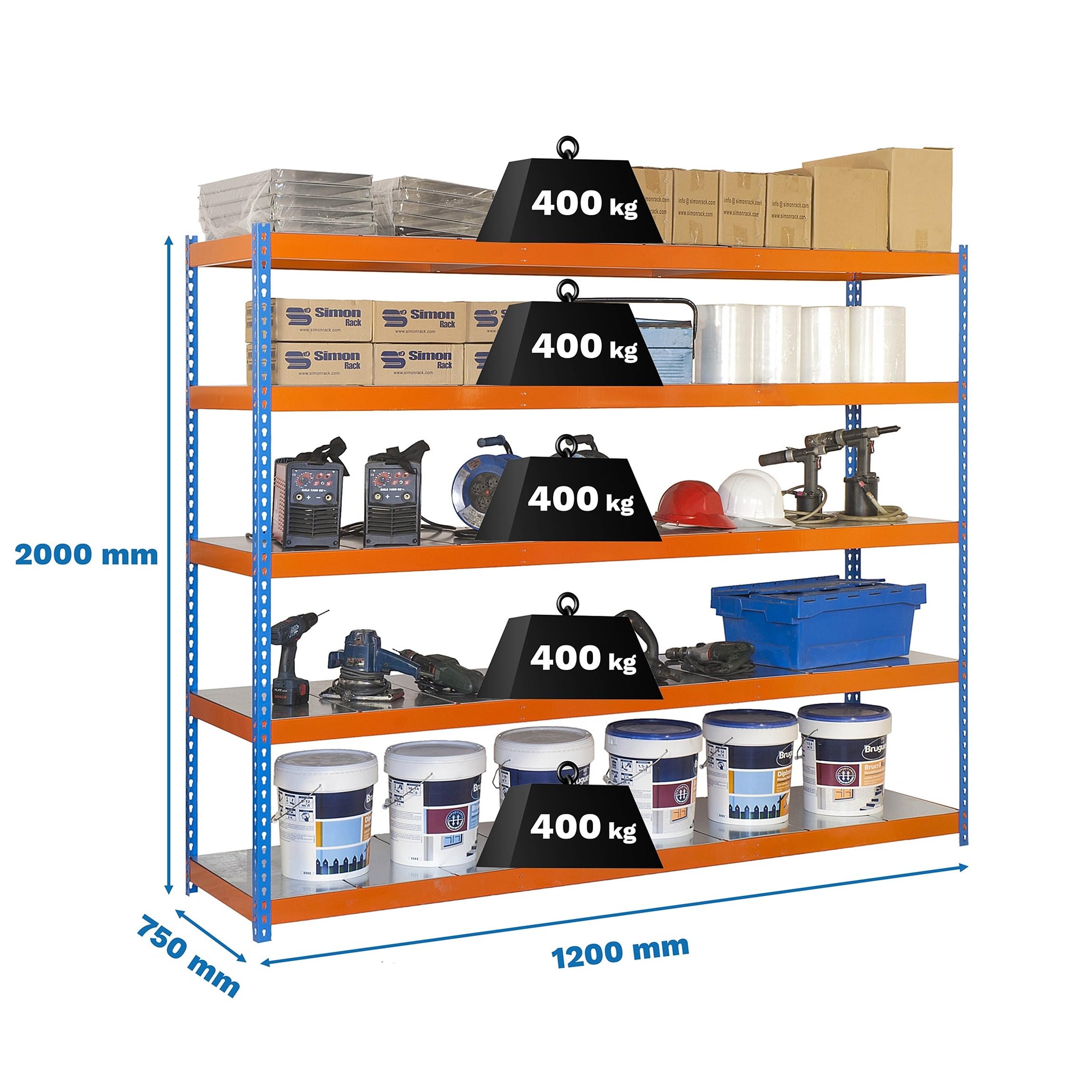 SimonRack Estantería Metálica Almacenaje, Sin Tornillos, 5 Baldas, Alta Capacidad Carga 400 kg, 2000x1200x750 mm, Estantería Taller Garaje Trastero, Azul/Naranja/Galva