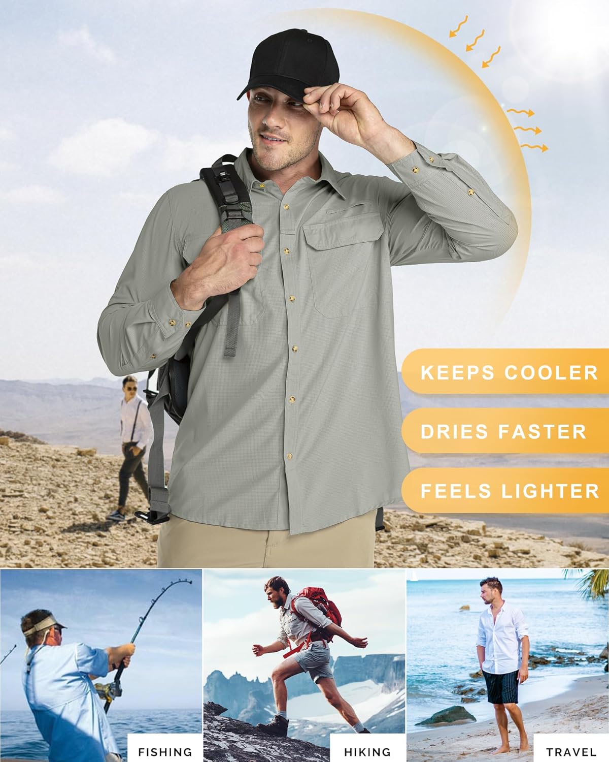 33,000ft Men's Long Sleeve Sun Protection Shirt UPF 50+ UV Quick Dry Cooling Fishing Shirts for Travel Safari Camping Hiking - Image 4