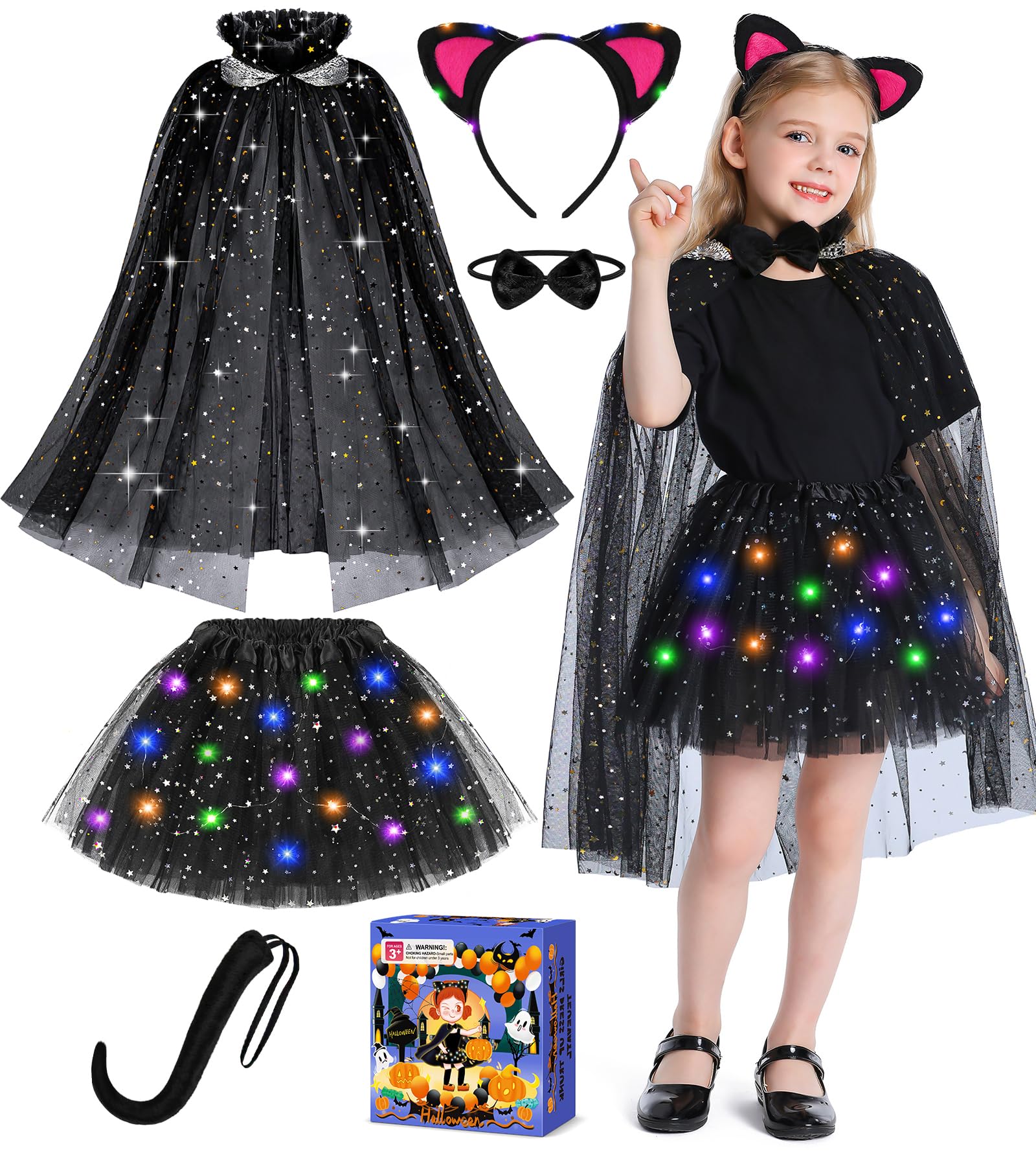 Black Cat LED Light-Up Tutu Halloween Costume for Girls with Cat Ears