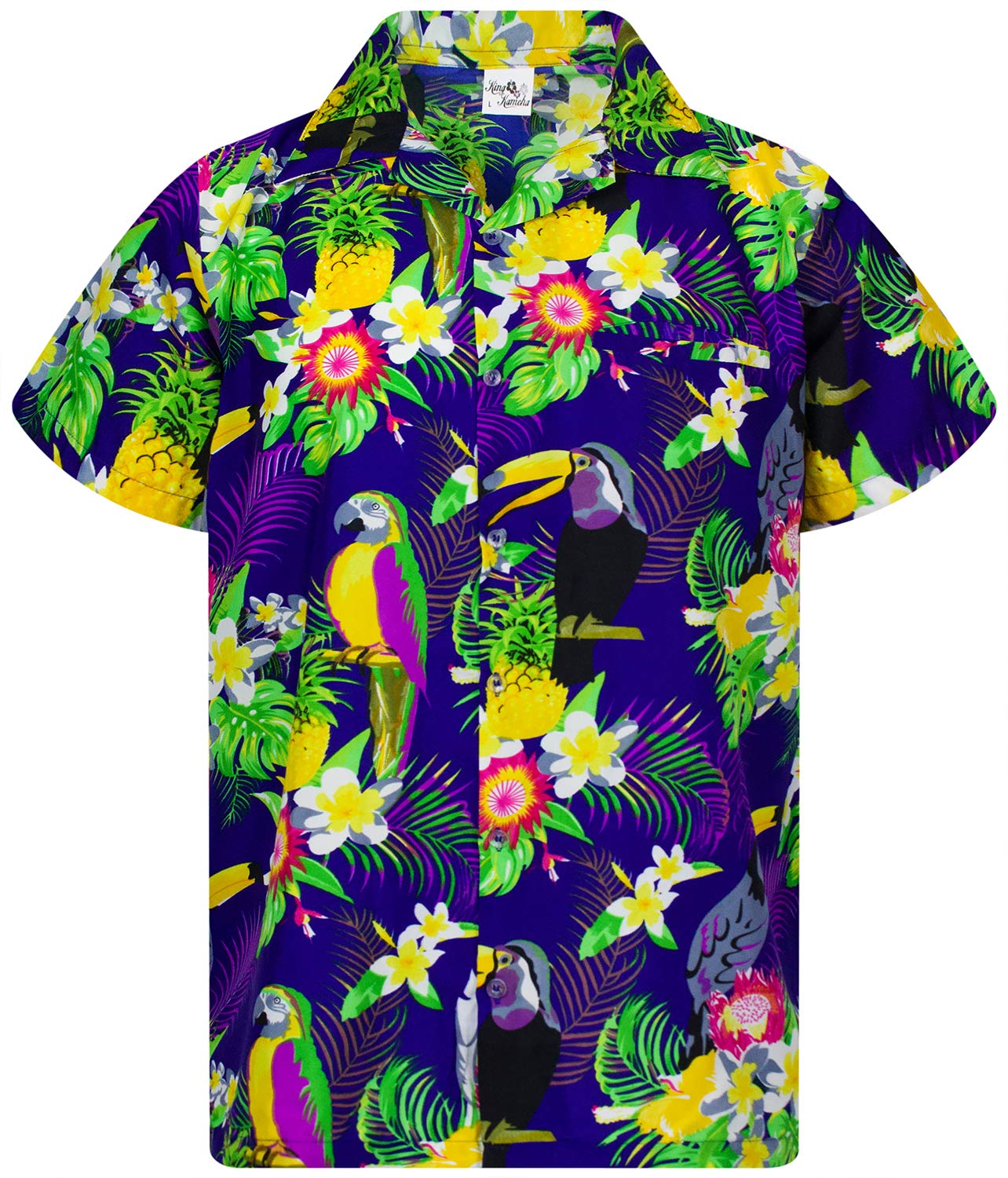 King Kameha Men's Parrot-Cockatoo-Design-Dark-Blue Vintage Hawaiian Shirt For – Tropical ’S Hawaiian Shirt Short Sleeve, Parrot-Cockatoo, Dark-Blue, L