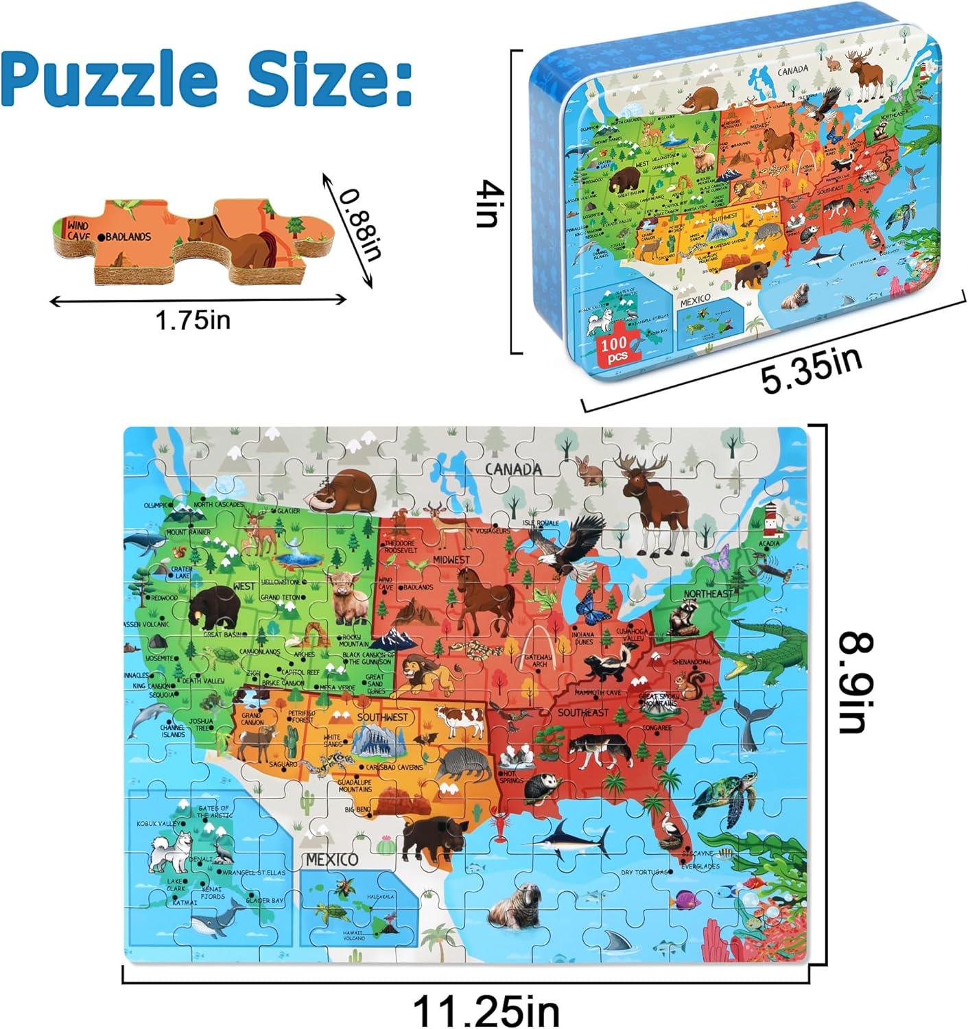 LELEMON United States Puzzles for Kids Ages 4-8,100 Pieces USA Fun America Animal Map Learning Educational Toys for Boys Girls