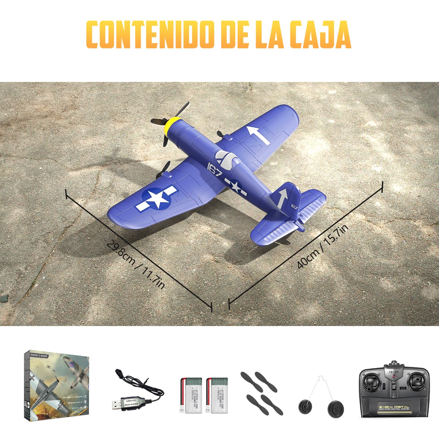 HAWK'S WORK Avion RC 3 Canales F4U Corsair, Control Remoto Warbird Listo para Volar, 2.4GHz Estabilizador Giroscopico de 6 Ejes, Facil de Volar para Niños y Principiantes