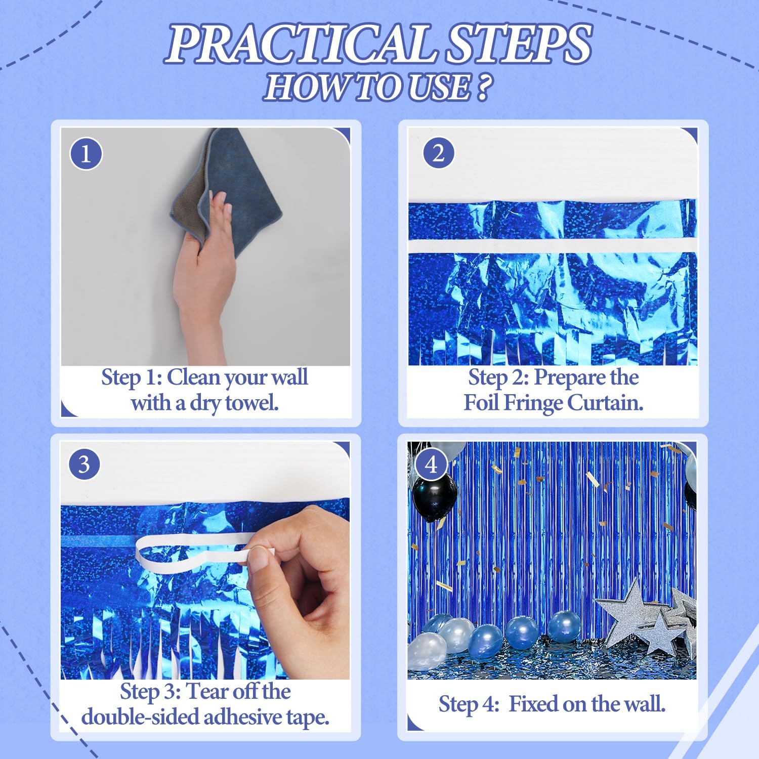 DECOCKRAT 3 Pack Foil Fringe Backdrop - Laser Royal Blue Shiny Tinsel Curtains for Party Decoration/Photo Booth Props - 3.3x8.2 FT Metallic Foil Backdrop for Birthday, Wedding, Graduation, Christmas