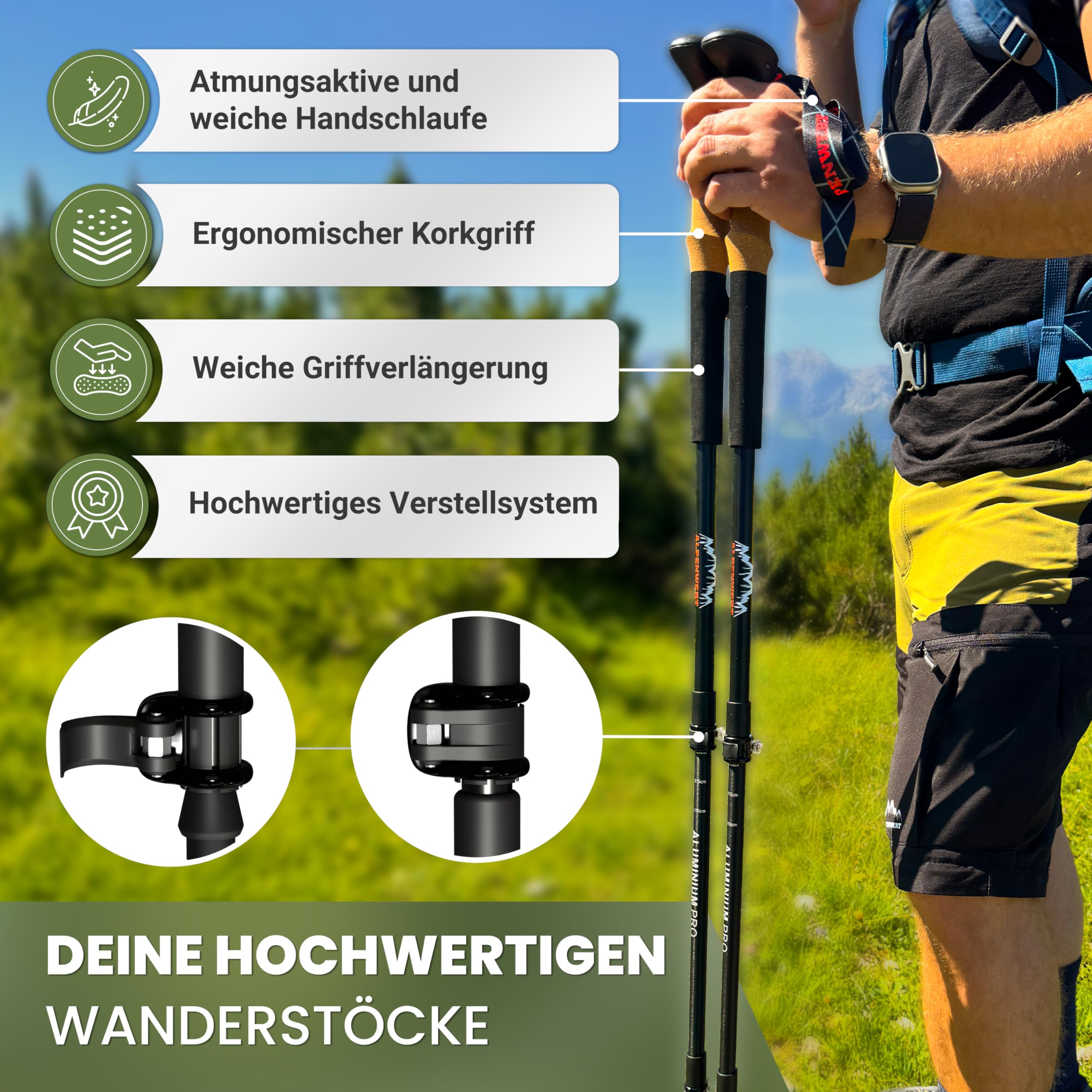 ALPENWERT Wanderstöcke [Carbon oder Aluminium] Walking Stöcke für Damen und Herren - Teleskop Trekkingstöcke mit Korkgriff zum Wandern, Nordic Walking und Skitouren