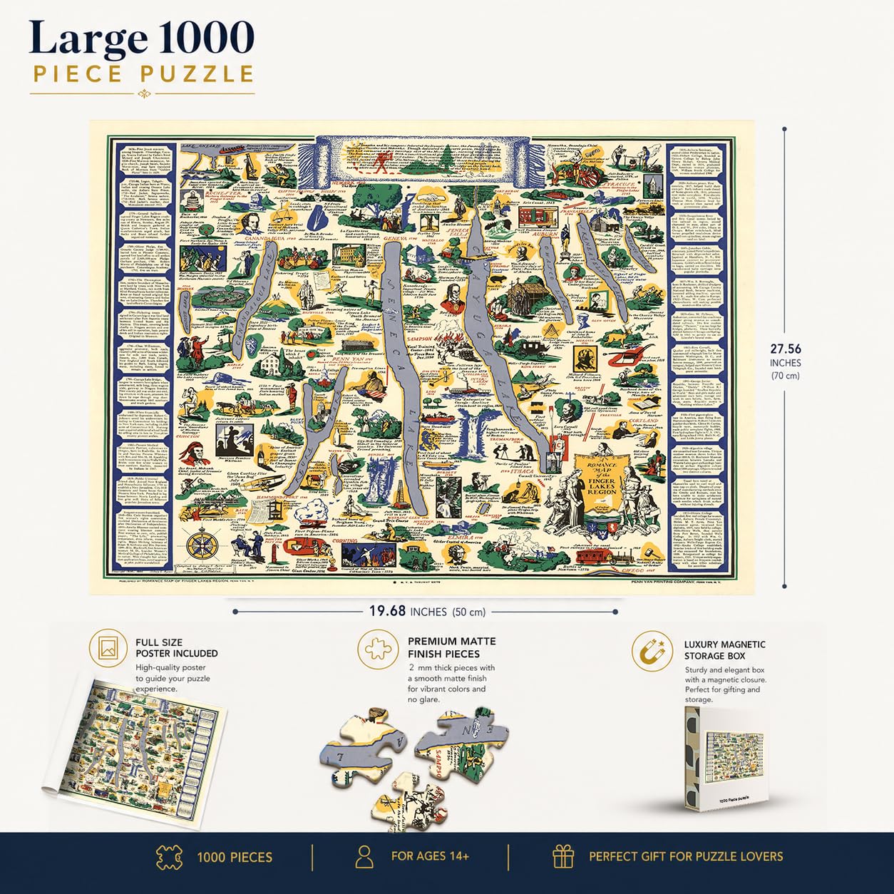 Puzzle adulte de 1000 pièces | 1962 | Région des Lakes de Finger Lakes de New York | Fait main | Jeu de puzzle