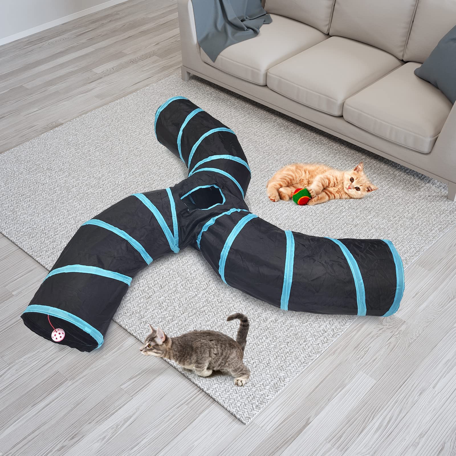 Bemodst Road Tunnel pour Chat, 2 Voies/3 Voies/4 Voies/5 Voies Tubes de Tunnels Pliable Jouet Labyrinthe interactif pour Petits Animaux, Petit Lapin,Chaton, Chiot,Furet,cochons d’ Inde (3 Voies)