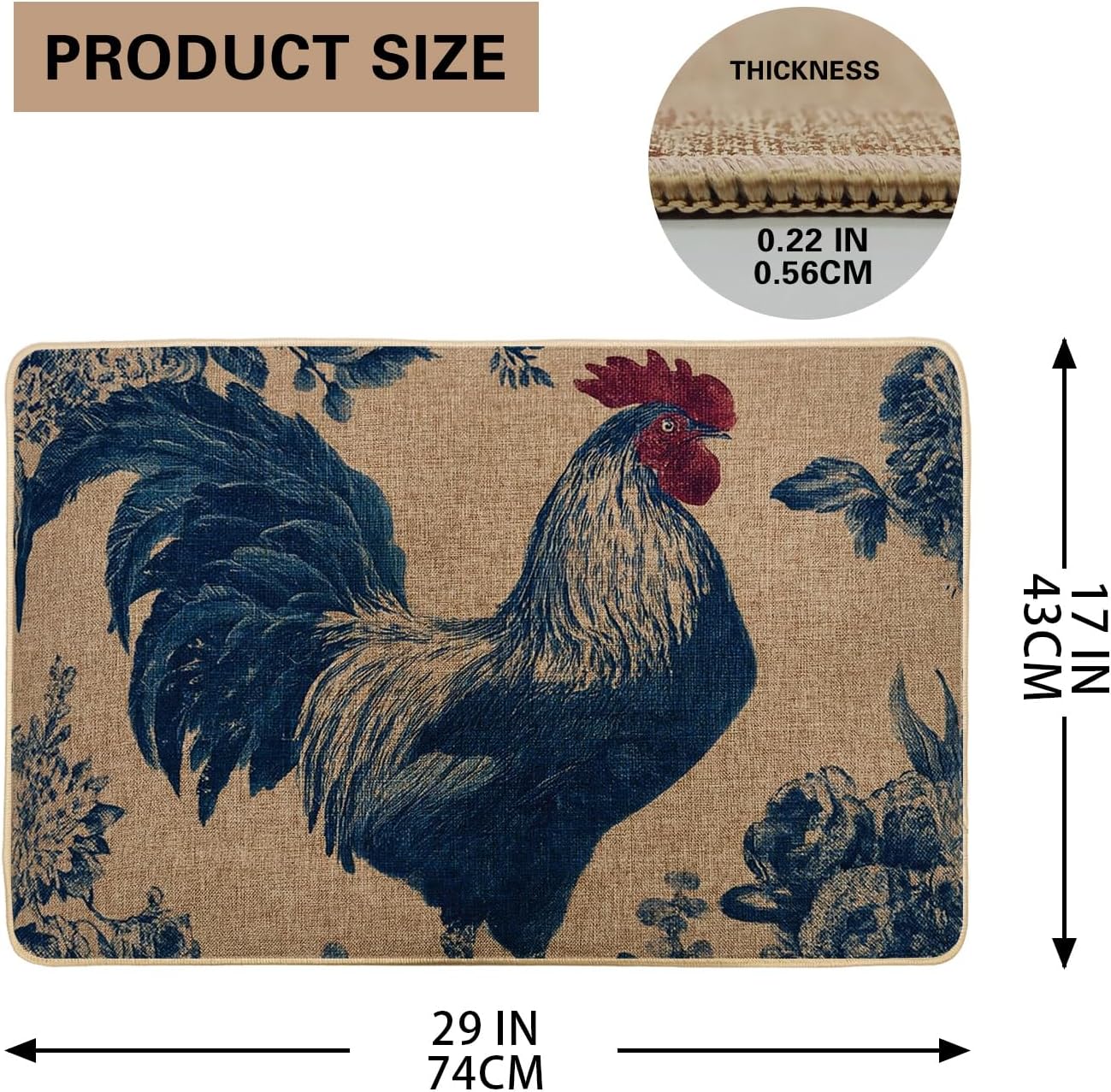 Rooster Doormat, Dark Blue Chicken Indoor & Outdoor Entrance Rug Vintage Farmhouse Decor, Non-Slip Rubber Sturdy Dust Control Mat, Easy Maintenance 29x17 Inch