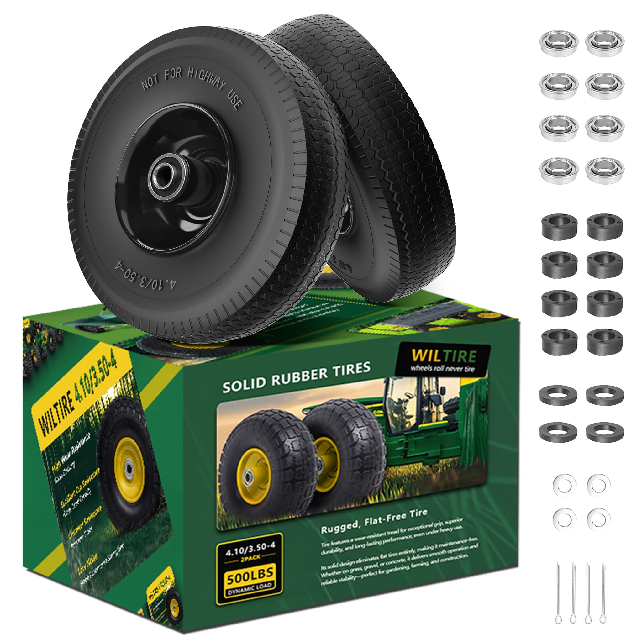 (2 sztuki) 4,10/3,50-4 10 mm solidna opona zastępcza i koło z dodatkowymi łożyskami 5/8 3/4 i 1/2, przesunięta piasta 5,71 cm - kompatybilna z taczką, taczką, taczką,