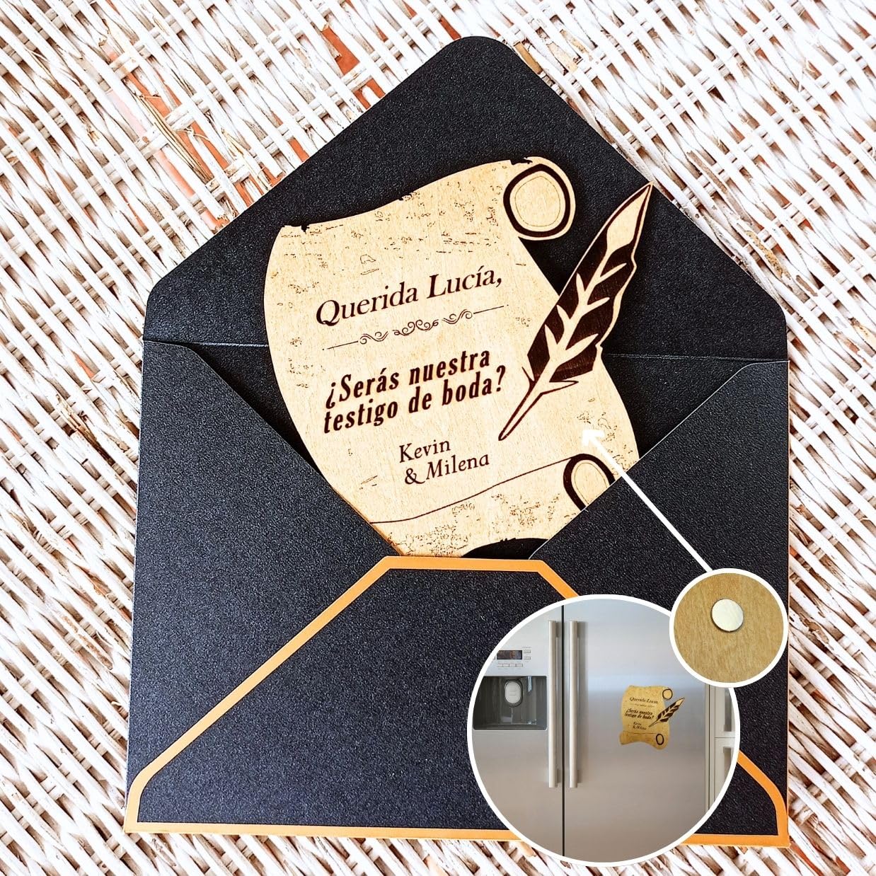 Nomart Regalo Testigo Boda Tarjeta de Madera con Imán y Sobre Regalo, Quieres Ser Mi Testigo, Detalle Para Testigo de Boda, Sobre Incluido