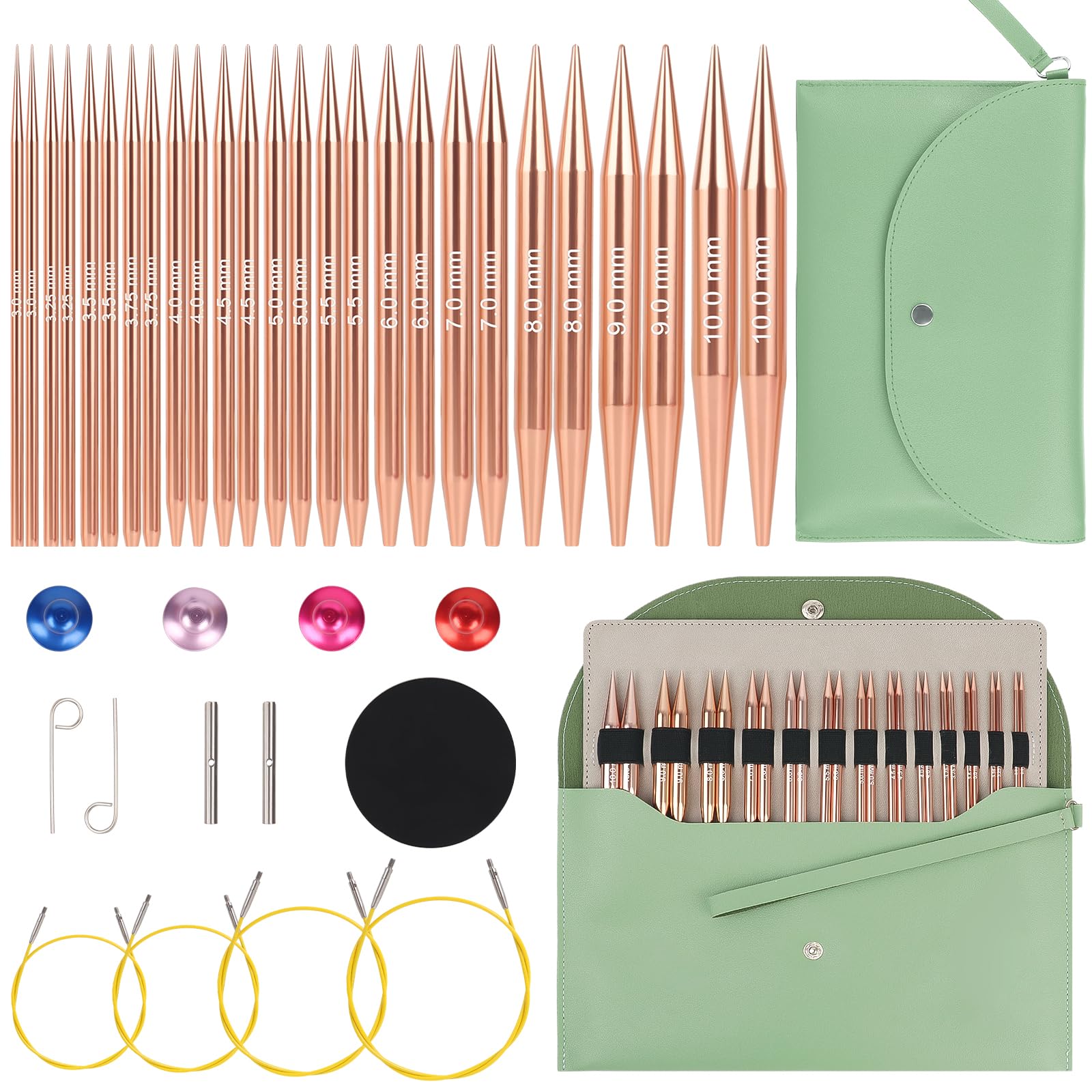 Aeelike Interchangeable Knitting Needles Set,13 Pairs Circular Knitting Needles Aluminum (Size 3.0mm-10.0mm) with 4 Cables for Socks Blankets Cushions, Ideal Crochet Gift Green
