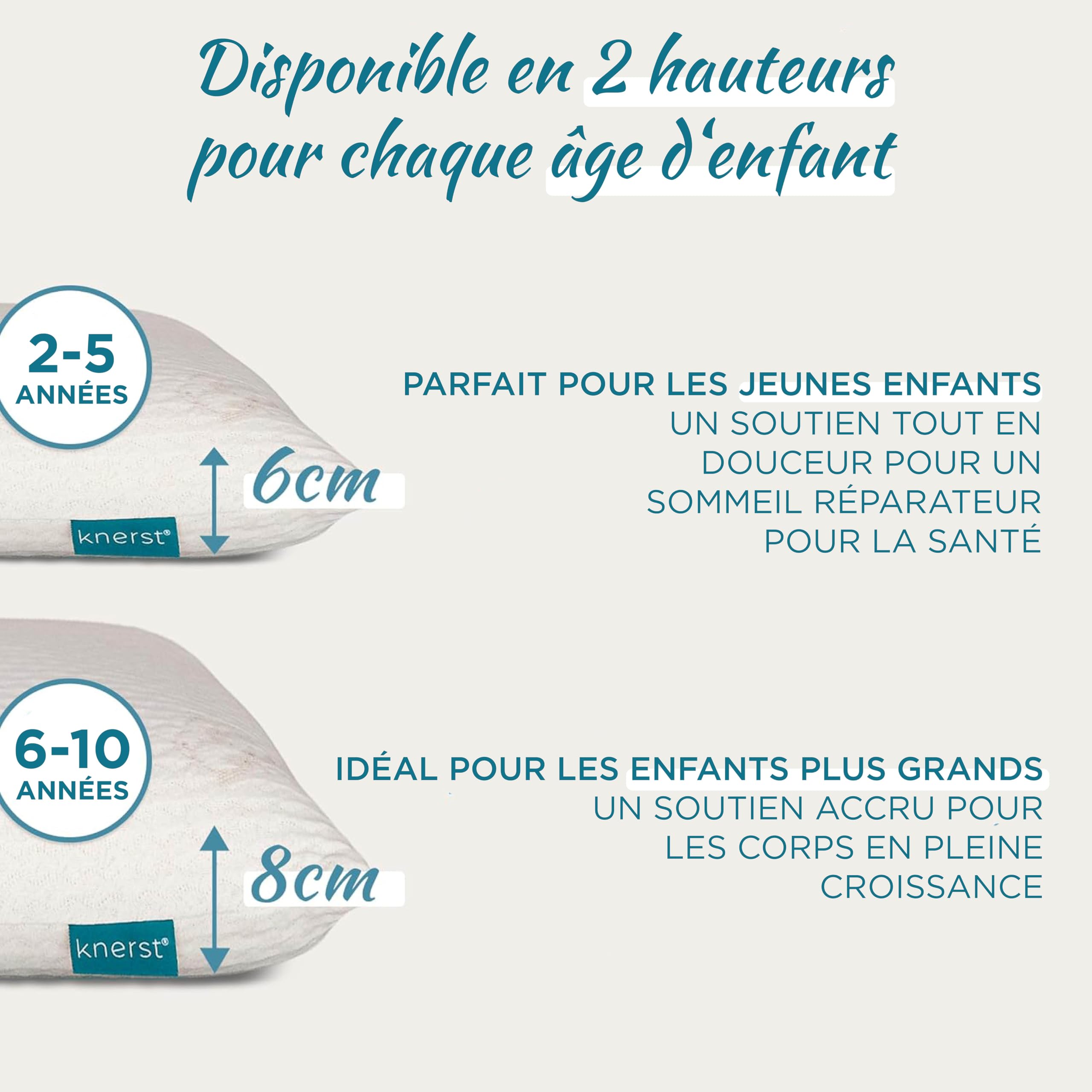 KNERST® Oreiller Enfant 25x50 Mémoire de Forme - Oreiller Bébé et Coussin Enfant Ergonomique Hauteur 6 cm - Oreiller 50x25 Anti Acariens - Idéal 2 3 4 5 6 Ans