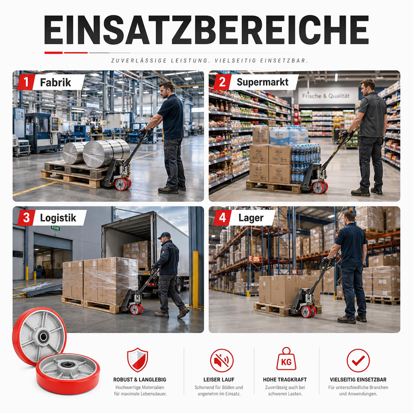 Polyurethan (PU) Hubwagen Rad 2 Stück, rot 200X50mm, Achse 20mm mit Kugellager, max. Belastung 3000 KG