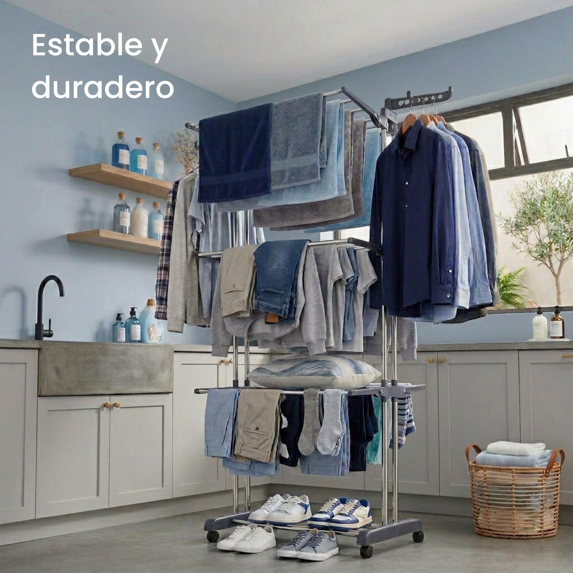 edihome, Tendedero Vertical, Plegable, 4 Niveles con Alas Laterales, Acero Inoxidable, 35 kg Capacidad, con Ruedas, Ahorra Espacio, Interior y Exterior (Gris)