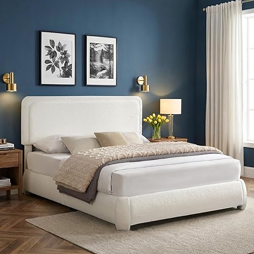 Flolinda Base de cama tapizada de tamaño matrimonial con cabecera ajustable, plataforma moderna con listones de madera de tela Boucle, perfil bajo,