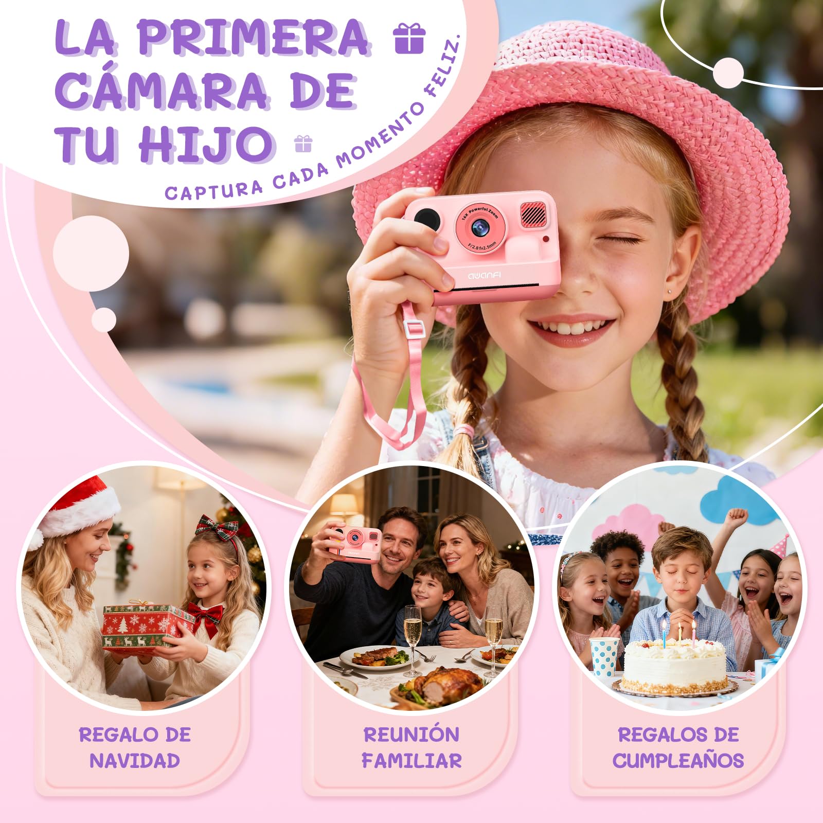 Camara Fotos Infantil Instantanea, 2,4 Pulgada Cámara de Fotos para Niños, con Tarjeta de 32G, 3 Rollos de Papel de Impresión, 1080P Cámara Instantánea, Regalo para Niños y Niñas de 3 a 12 Años