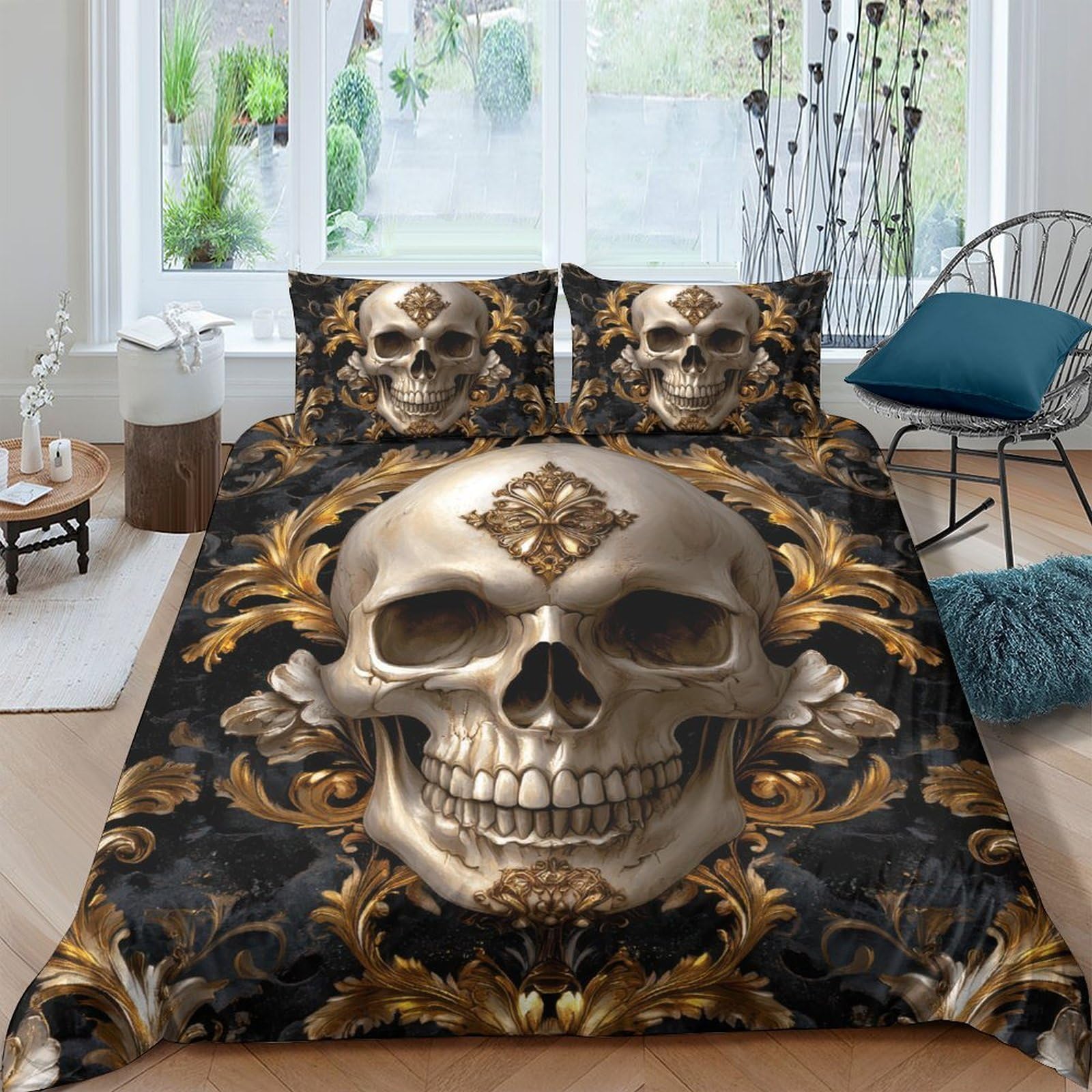 Ctjqhvkz Style-10 3D Printed Golden Skull Fitted Sheet Microfiber Soft Gothic Skull Bed Cover For Bedroom Dorm Decoration Protection Single（135X200cm）