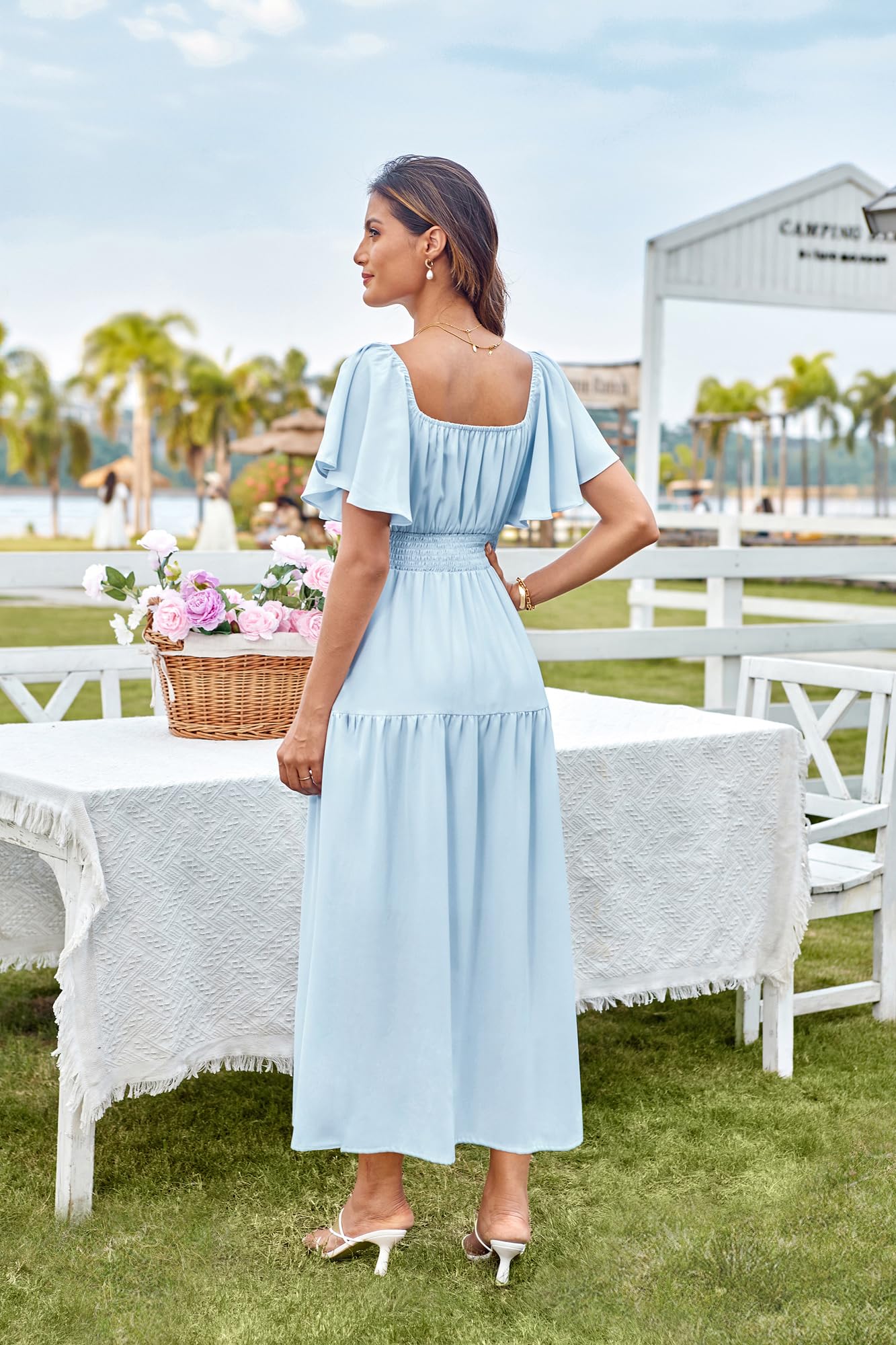 GRACE KARIN Robe longue d'été à manches courtes et col carré pour femme - Taille smockée - Décontractée - Vacances