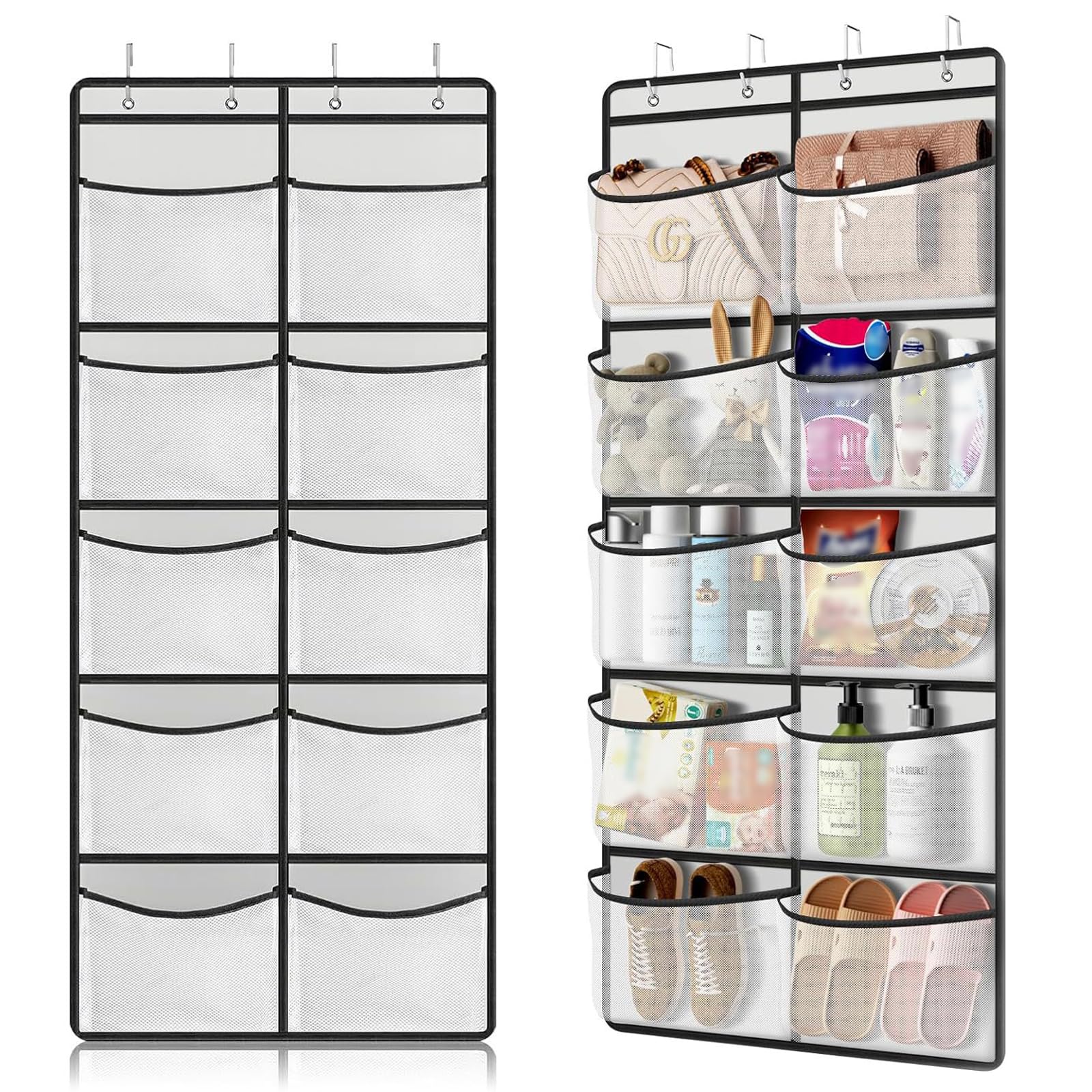 Hocklliy Gray Hanging Storage Organiser,Hanging Organiser With 10 Pockets For Closet,Over The Door Storage Pockets,For Wardrobe Bedroom Toys Clothes Shoe (With 4 Hooks)