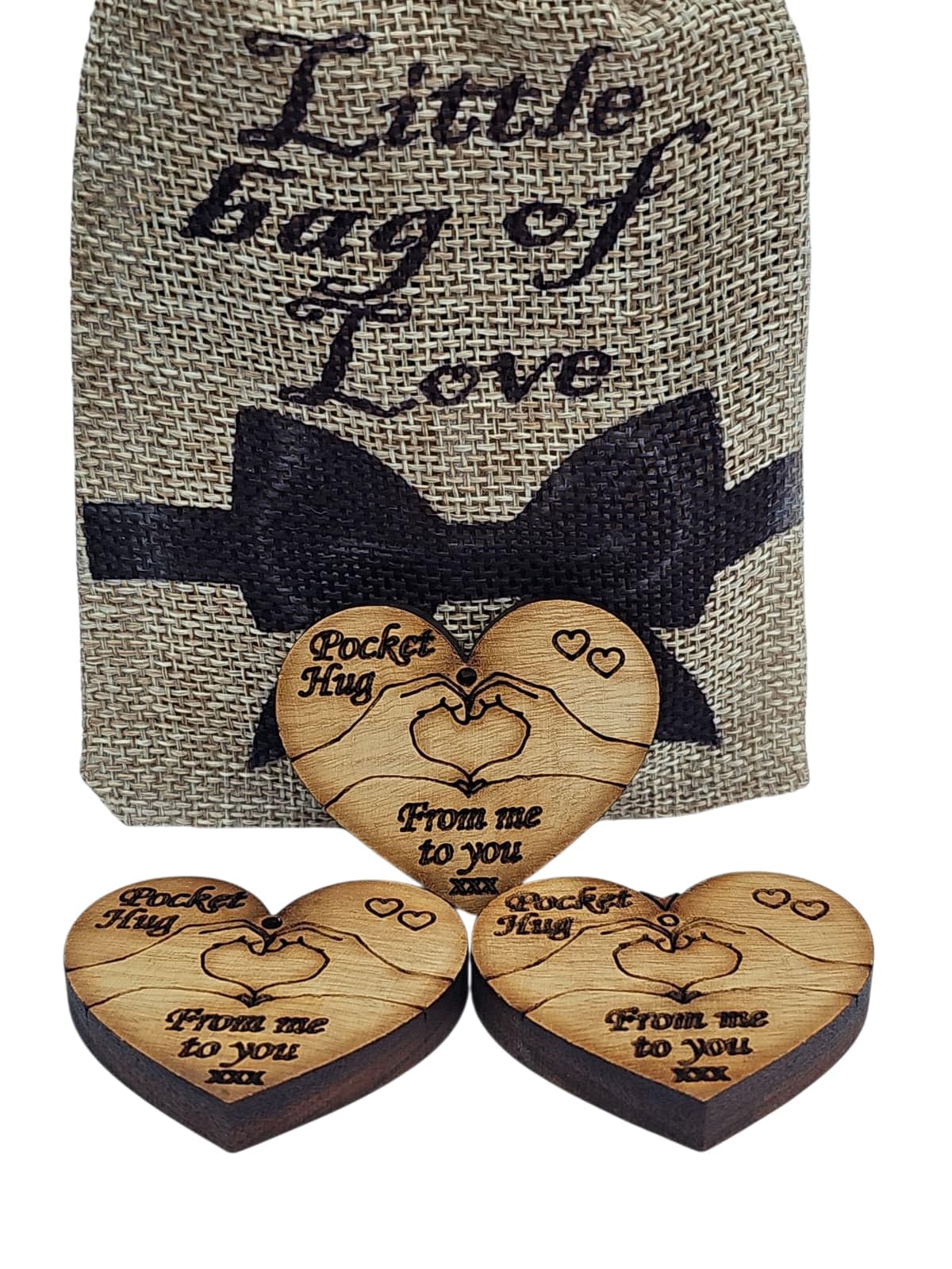 Wooden Pocket Hug Tokens with Burlap Gift Bag, Set of 3 Heart-Shaped Keepsakes, Long Distance Relationship Gift