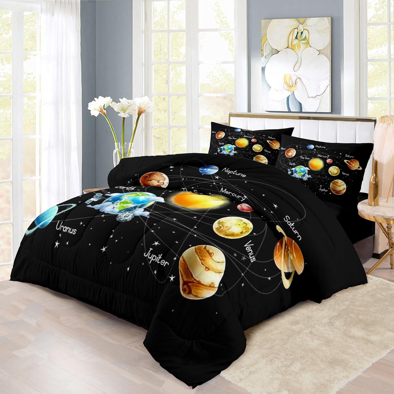 Twin Bedding Sets Space Comforter Sets for Boys Girls-3 Pieces Planets Bedding Set 1 Solar System Comforter and 2 Pillowcases for Kids Lightweight Microfiber for Bed Sofa - Image 5
