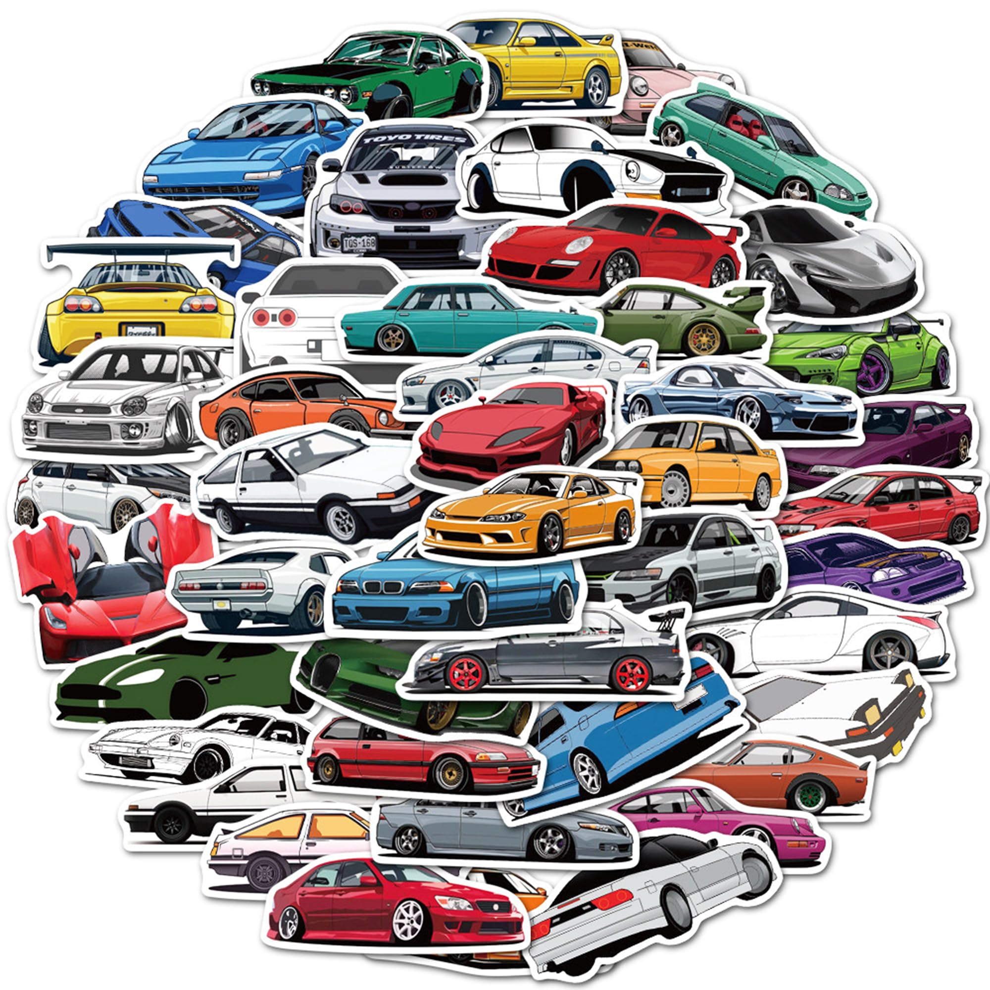 Tivleed Funny Car Stickers for Kids, 50 Pcs Waterproof Vinyl Decals for Water Bottle, Laptop, Skateboard, Bike, Room Decor (B50OCS)
