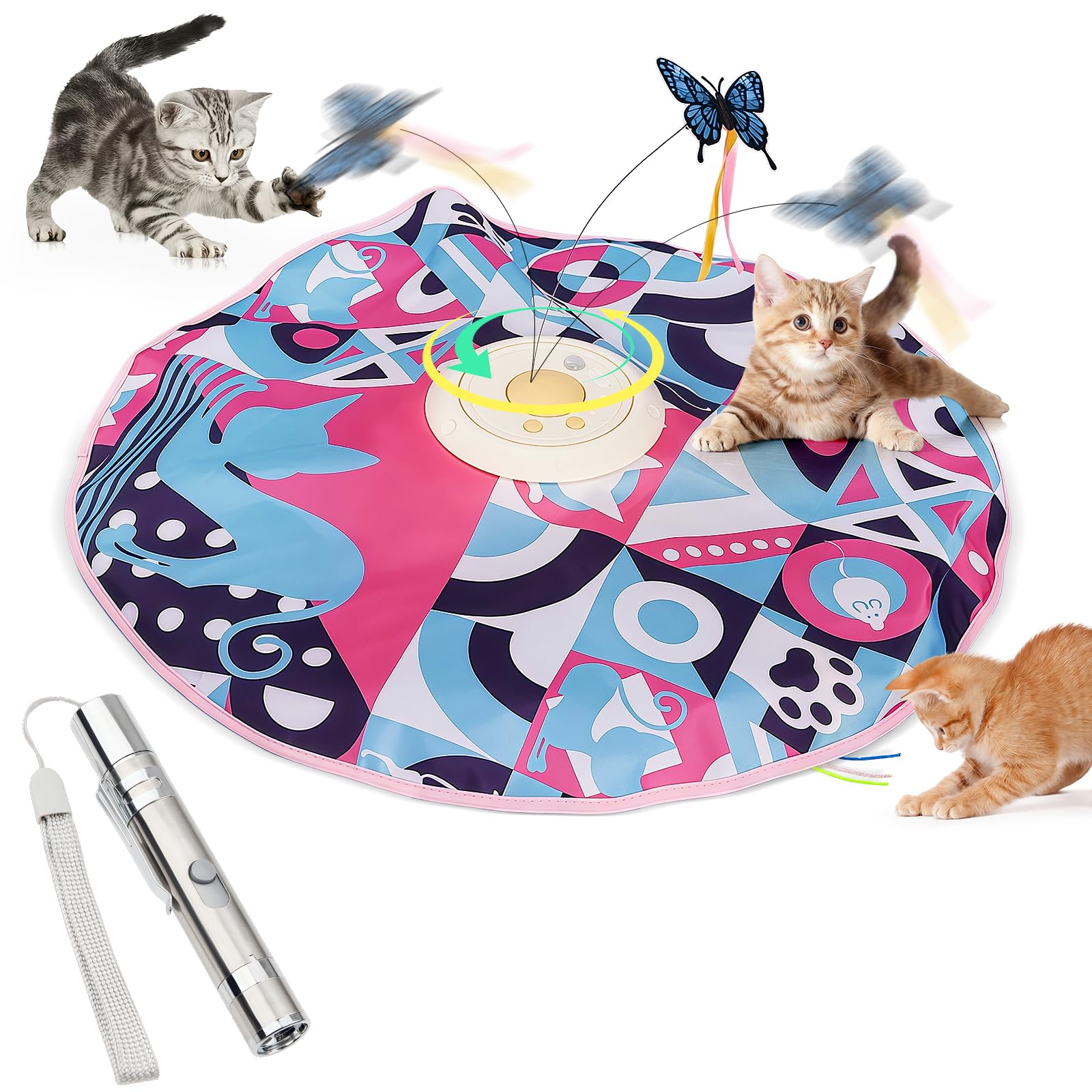 2 in 1 Interactive Cat Toy with 7 in 1 Cat Light Pointer, 3 Modes & Speeds Electric Automatic Cat Play Mat with 360° Rotating Butterfly Cats Teaser, Cats Kittens Hide-and-Seek & Hunting Games Toy
