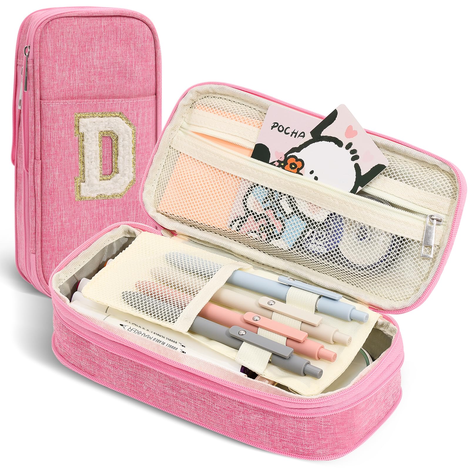 GIFTOXO Pencil Bag, Pencil Case for Girls Women, Preppy Pencil Case, Large Initial Pencil Pouch with Zipper, Back to School Supplies, Aesthetic Pen