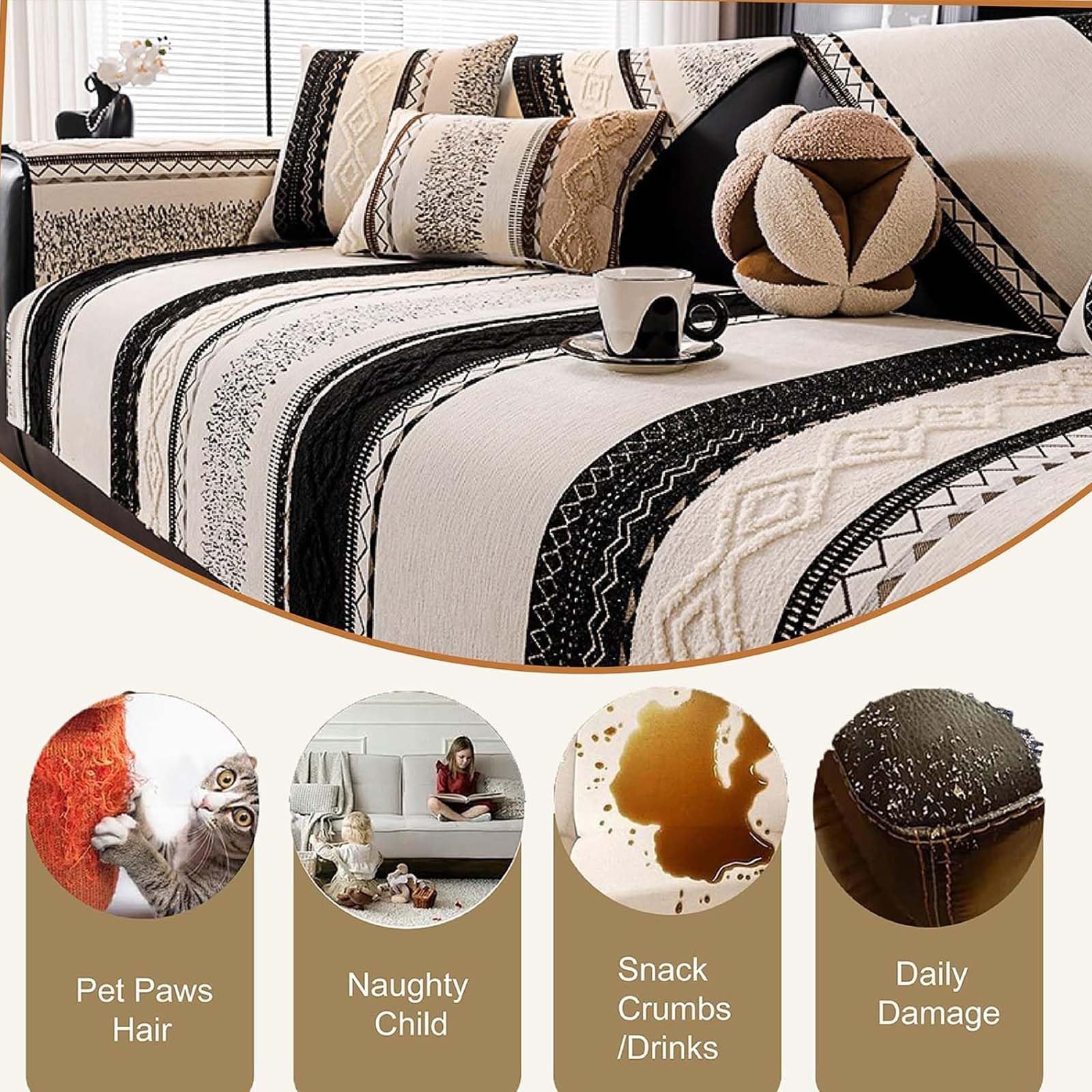 Copertura Antiscivolo in Chenille, Cuscino Morbido Spesso per Divano 1/2/3/4 Posti, Copripoltrona Universale a Righe per Tutte le Stagioni Black 70 * 240cm