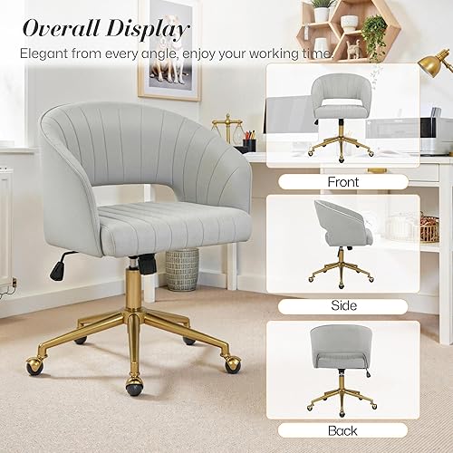 Miniatura 8 de Homedraft Silla de escritorio giratoria para oficina en casa, moderna silla de escritorio de terciopelo, sillón de altura ajustable con base dorada,