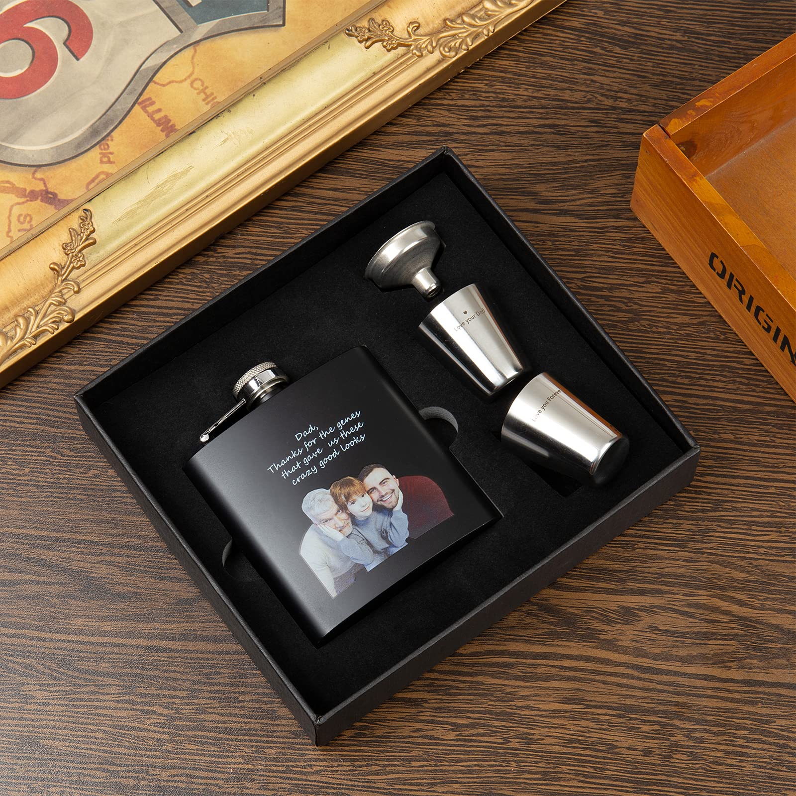 Flask for Liquor and Funnel - 8 Oz Leak Proof 18/8 Stainless Steel Pocket Hip Flask for Discrete Shot Drinking of Alcohol, Whiskey, Rum and Vodka | Gift for Men (custom photo)